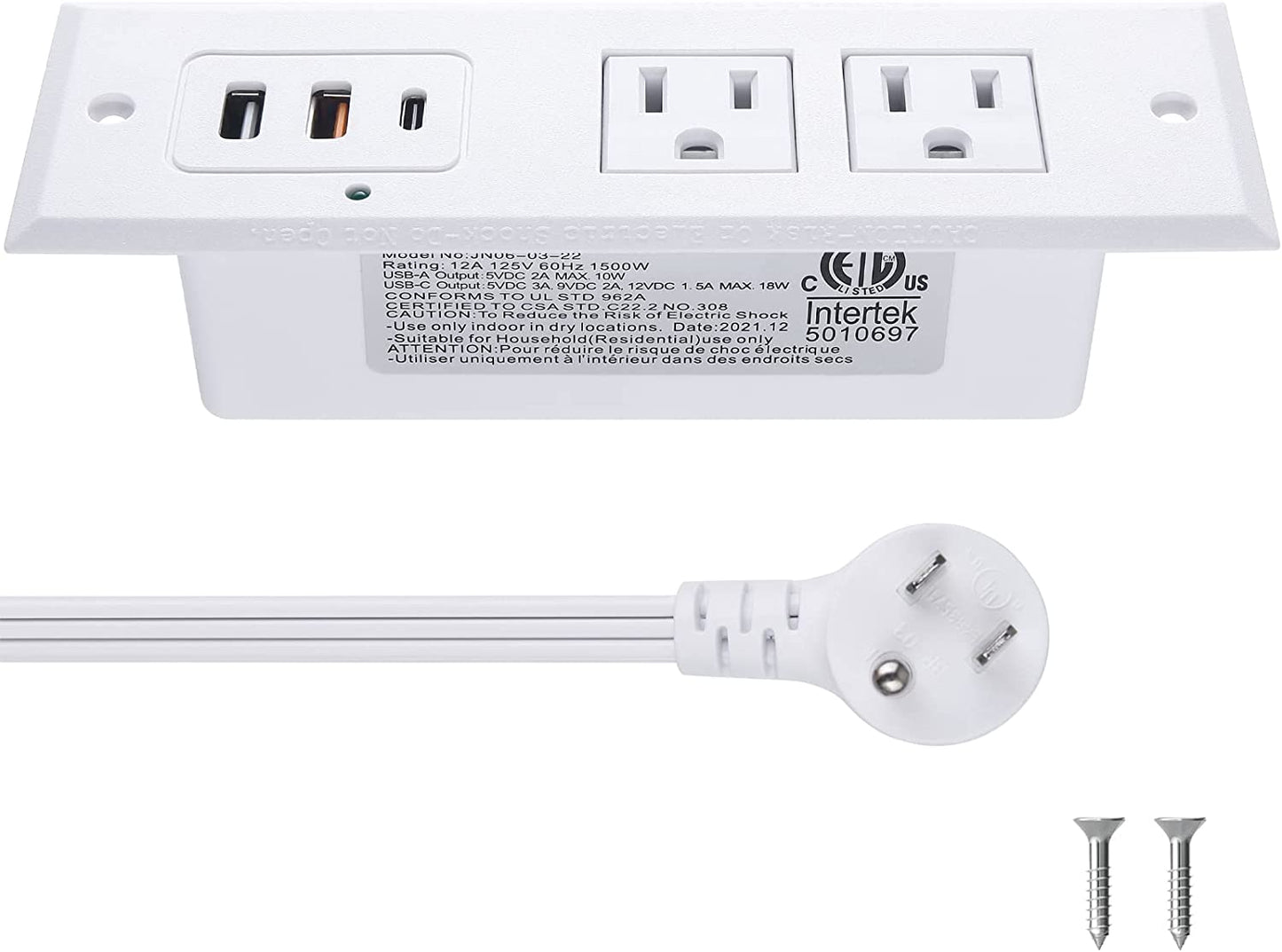Recessed Power Strip with 20W USB C Port, Fast Charging USB a Port Desk Outlet, Furniture Hidden Charging Station for Side Table, End Table, with 6FT 45 Degree Flat Plug Extension Cord.