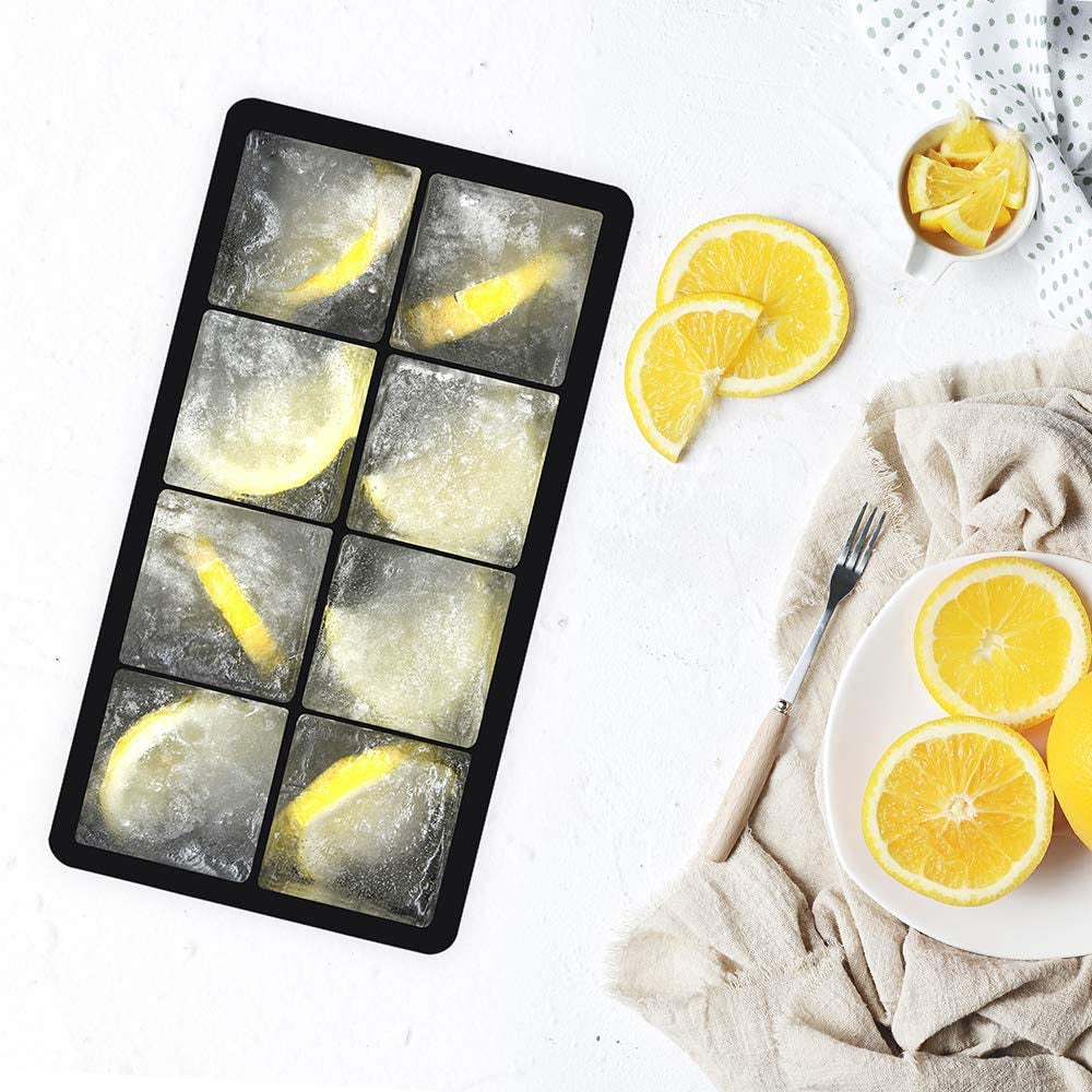 Large Ice Cube Trays with Lids 2 Pack,Silicone Ice Trays for Freezer,Easy Release Silicone Ice Cube Tray,8 Big Square Ice Cubes per Tray Ideal for Cocktails,Whiskey,Soups and Frozen Treats
