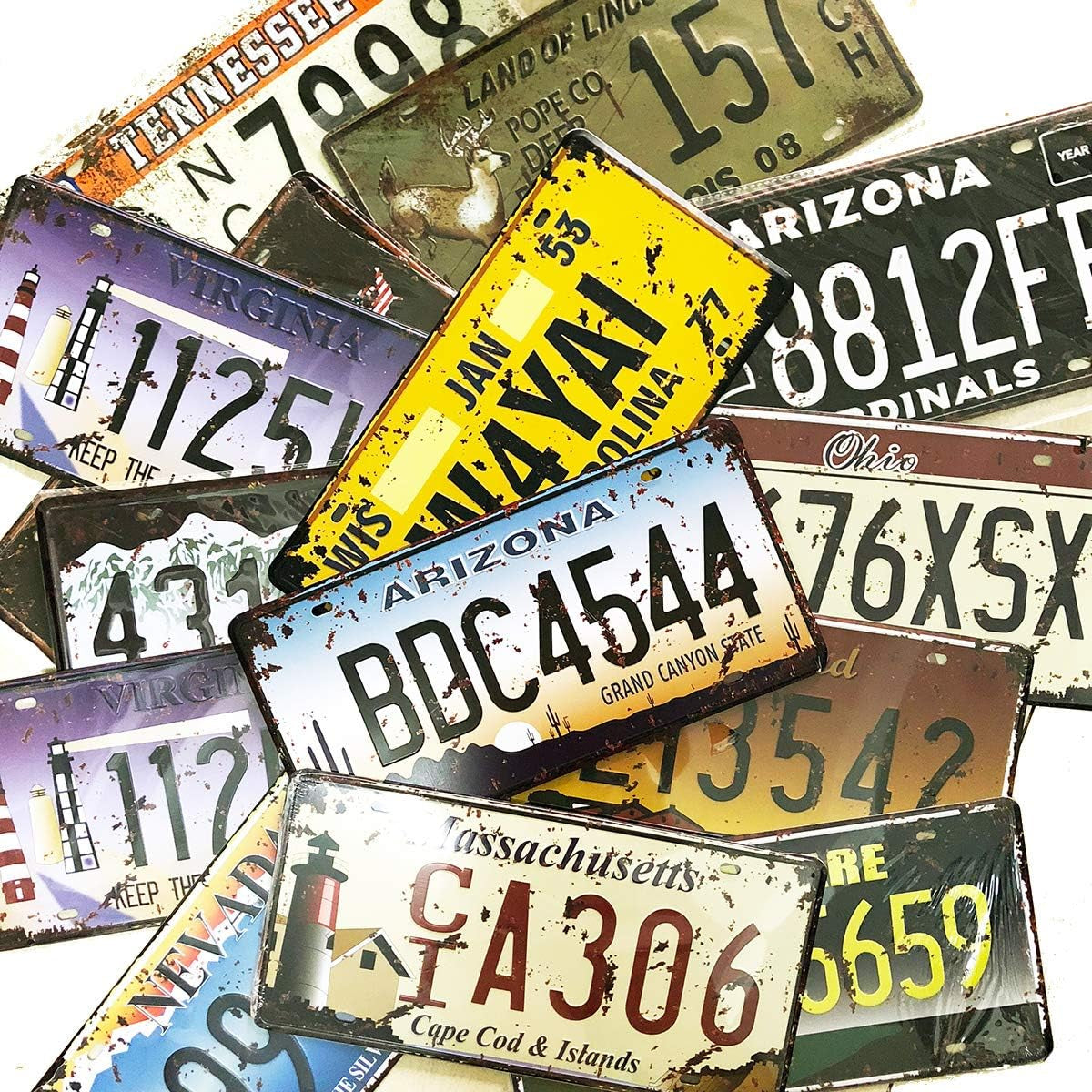 24 Pieces Assorted Replica Car Number Tags, Embossed Prop License Plates, Home Wall Automobile Bar Garage Man Cave Decoration, 6X12 Inch