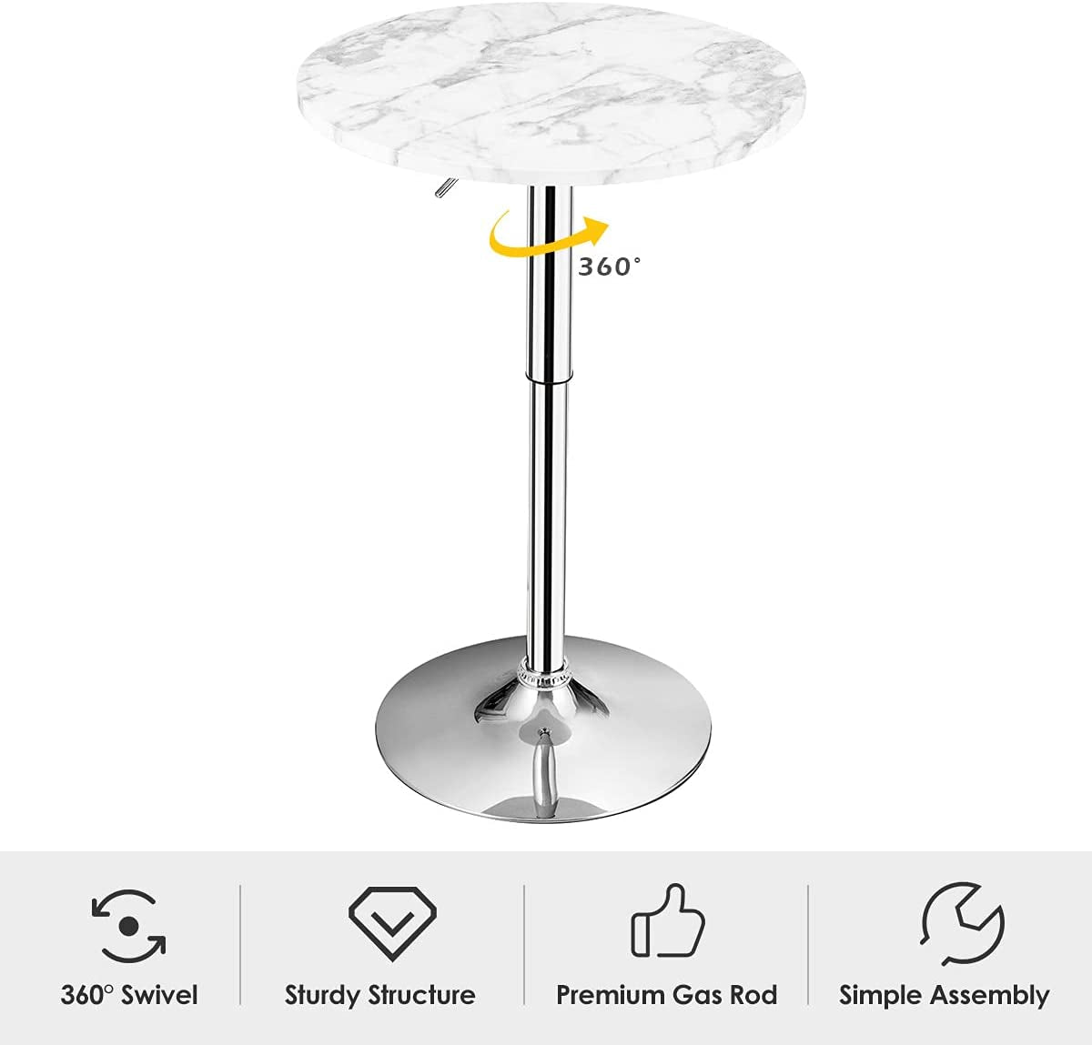 round Pub Table Height Adjustable, 360° Swivel Cocktail Pub Table with Sliver Leg and Base for Home, Office Bar Table (White) (1)