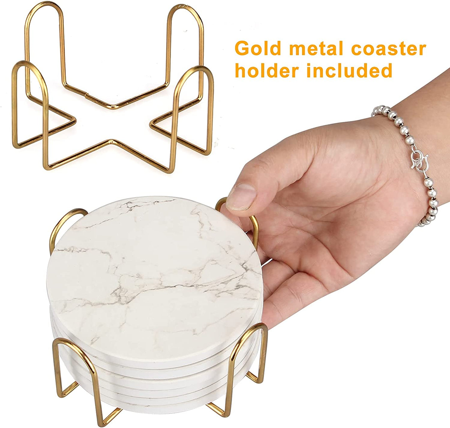 6 Pcs White Marble Coaster Set with Holder Best Absorbent Coasters Drink Coasters Ceramic Bar Wine Coasters Cute Stone Thirstysone Table Cup Coasters