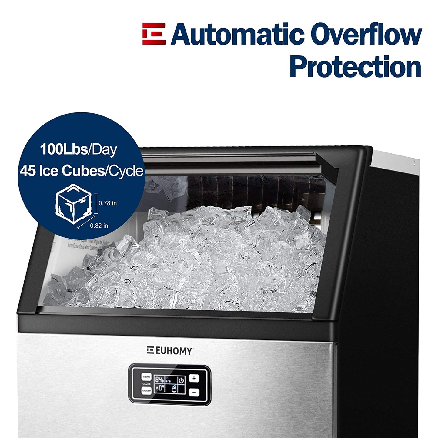 Euhomy Commercial Ice Maker Machine, 100Lbs/24H Stainless Steel under Counter Ice Machine with 33Lbs Ice Storage Capacity, Freestanding Ice Maker.