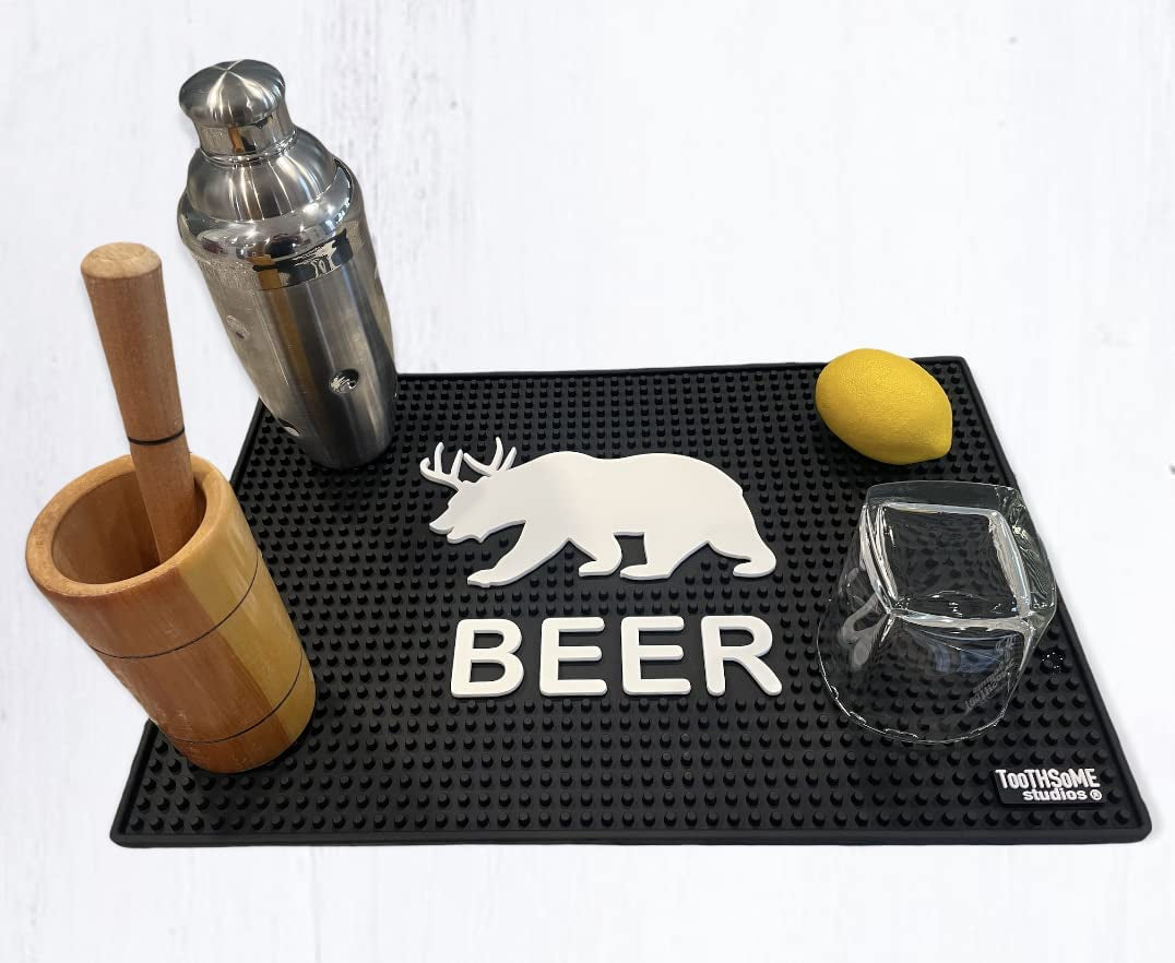 Beer Bear with Deer Antlers 17.7" X 11.8" Funny Bar Spill Mat Rail Countertop Accessory Home Pub Decor Slip Resistant Durable Thick Bar Covering for Craft Brewery Kitchen Cafe and Restaurant Accessory