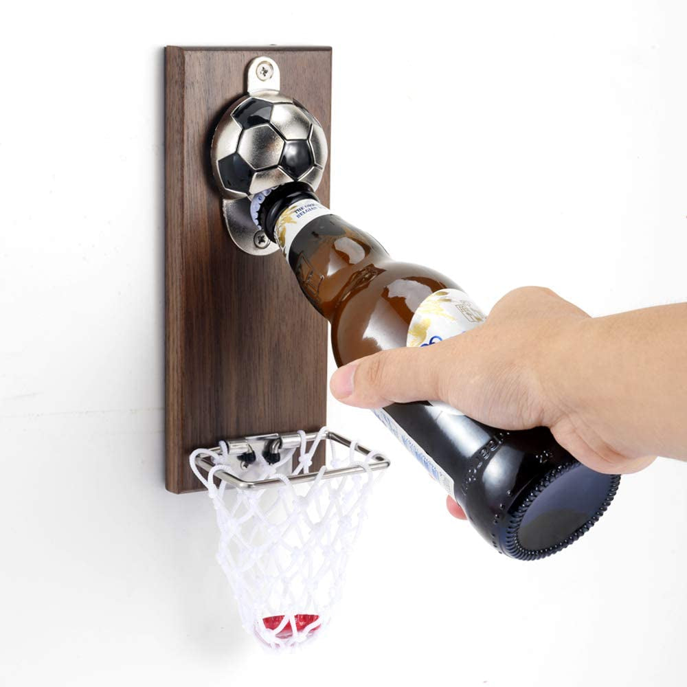 Magnetic Basketball Bottle Opener, Wooden Wall Mounted Opener with Cap Collector Catcher, Ideal Gift for Basketball and Beer Lovers, Use as Kitchen-Yard-Bar Decoration