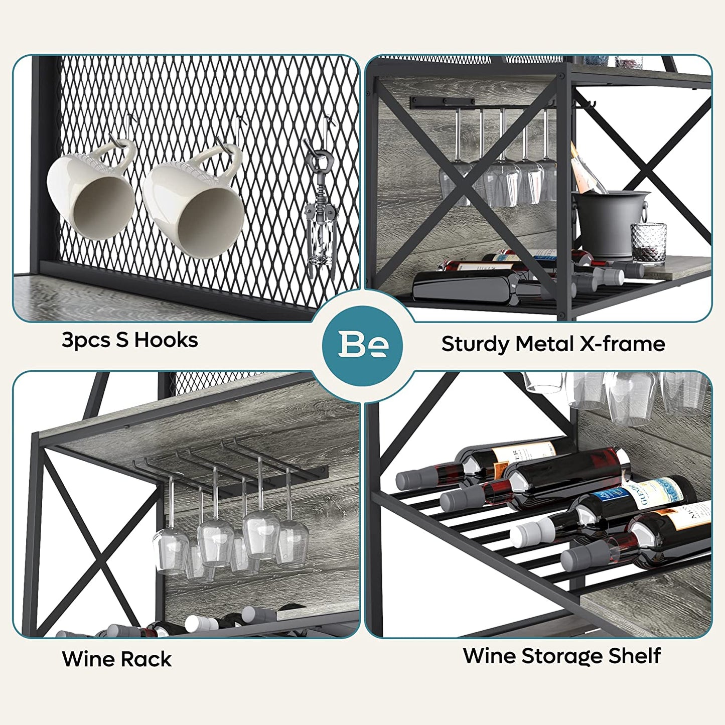 Bar Table with Storage Coffee Bar Cabinets for Liquor and Glasses, Wine Rack Freestanding Floor with Glass Holder for Home Kitchen Dining Room Basement, Gray