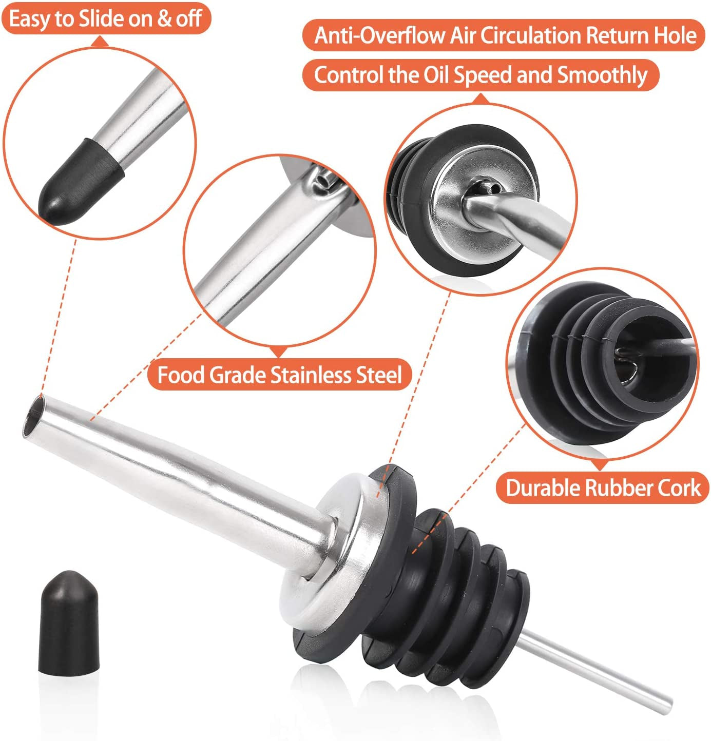12 Pack Stainless Steel Classic Bottle Pourers Tapered Spout - Liquor Pourers with Rubber Dust Caps