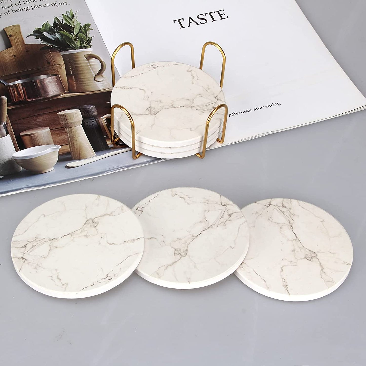 6 Pcs White Marble Coaster Set with Holder Best Absorbent Coasters Drink Coasters Ceramic Bar Wine Coasters Cute Stone Thirstysone Table Cup Coasters