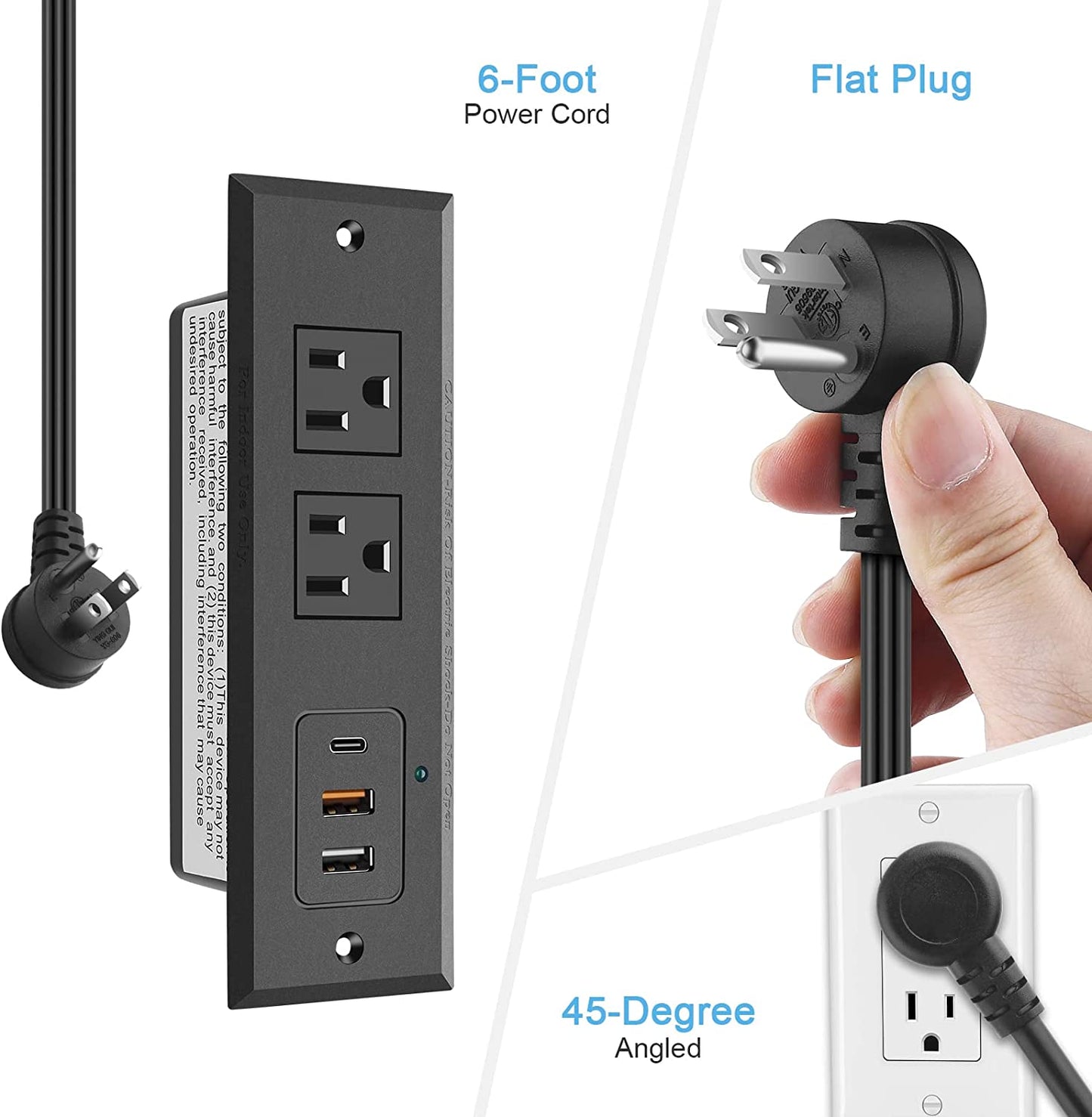 Recessed Power Strip with 20W USB C Port, Fast Charging USB a Port Desk Outlet, Furniture Hidden Charging Station for Side Table, End Table, with 6FT 45 Degree Flat Plug Extension Cord.