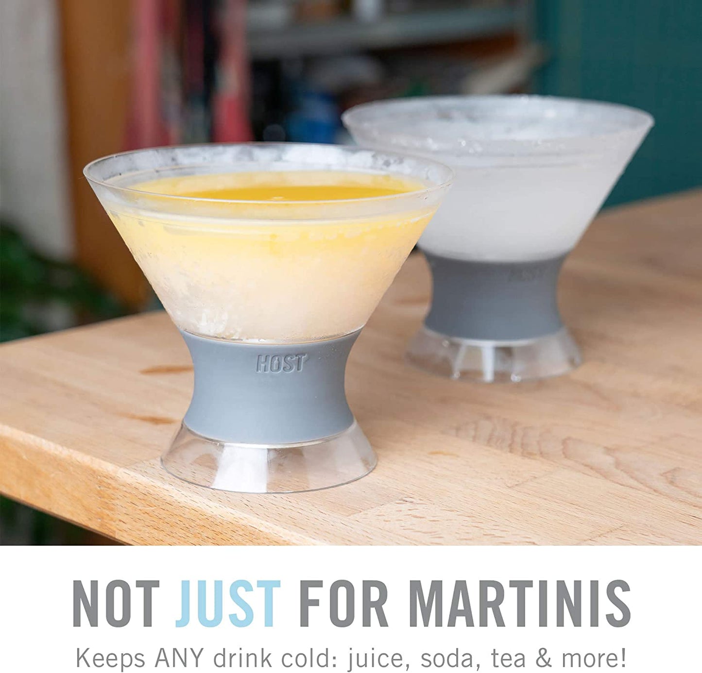 Freeze Insulated Martini Cooling Cups, Plastic Freezer Gel Chiller Double Wall Stemless Cocktail Glass Set of 2, 9 Oz, Grey