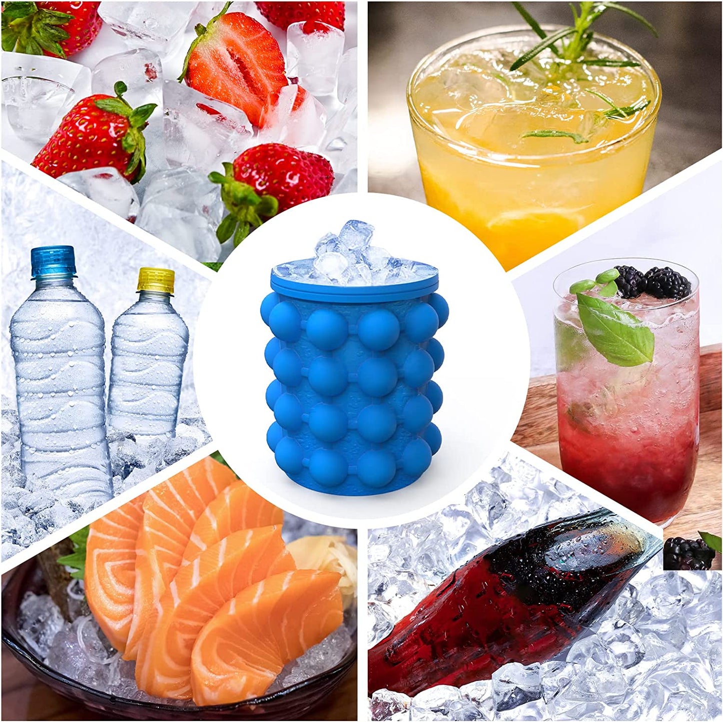 Ice Cube Mold Ice Trays, Large Silicone Ice Bucket, (2 in 1) Ice Cube Maker, Round,Portable (Dark Blue)