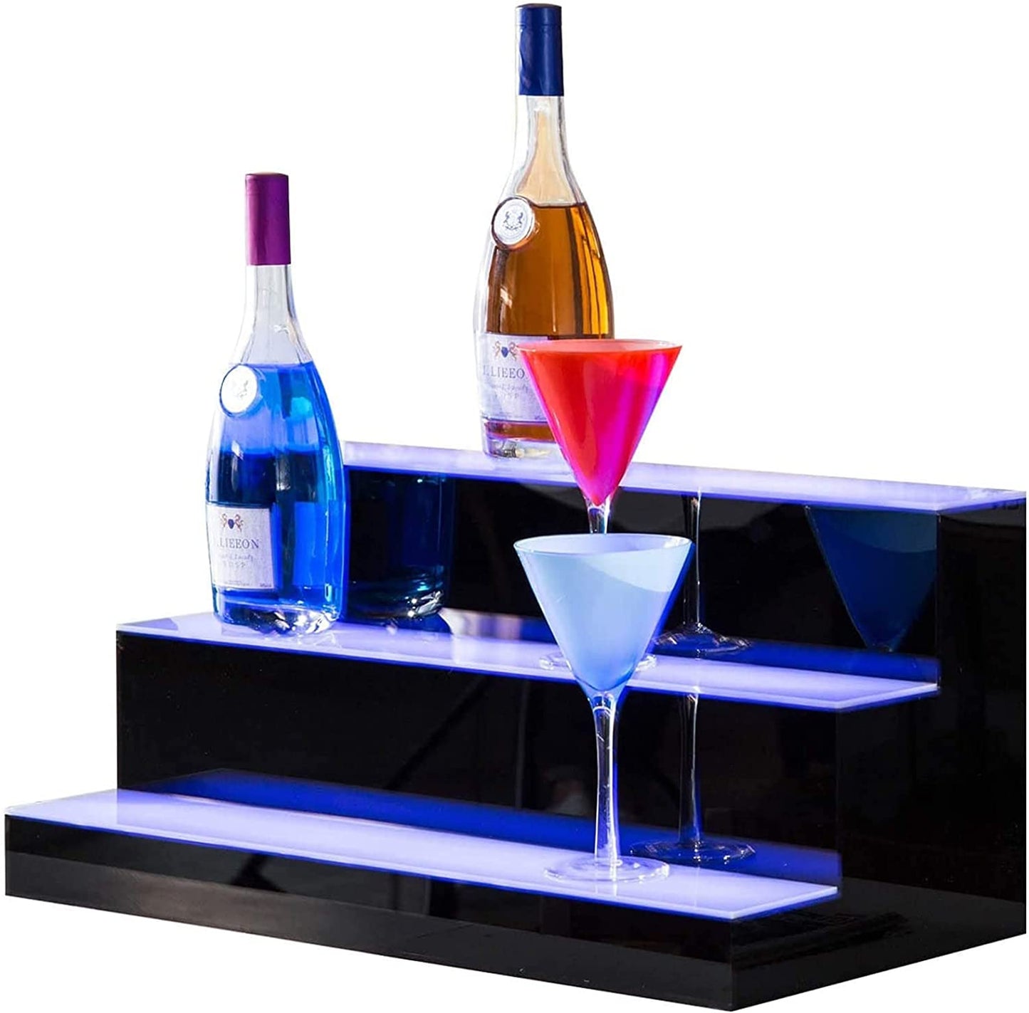 LED Lighted Liquor Bottle Display Shelf, 30 in 2 Step LED Lighted Bar Shelf for Home Commercial Bar Drinks Acrylic Lighting Shelves High Gloss Black Finish with Remote Control