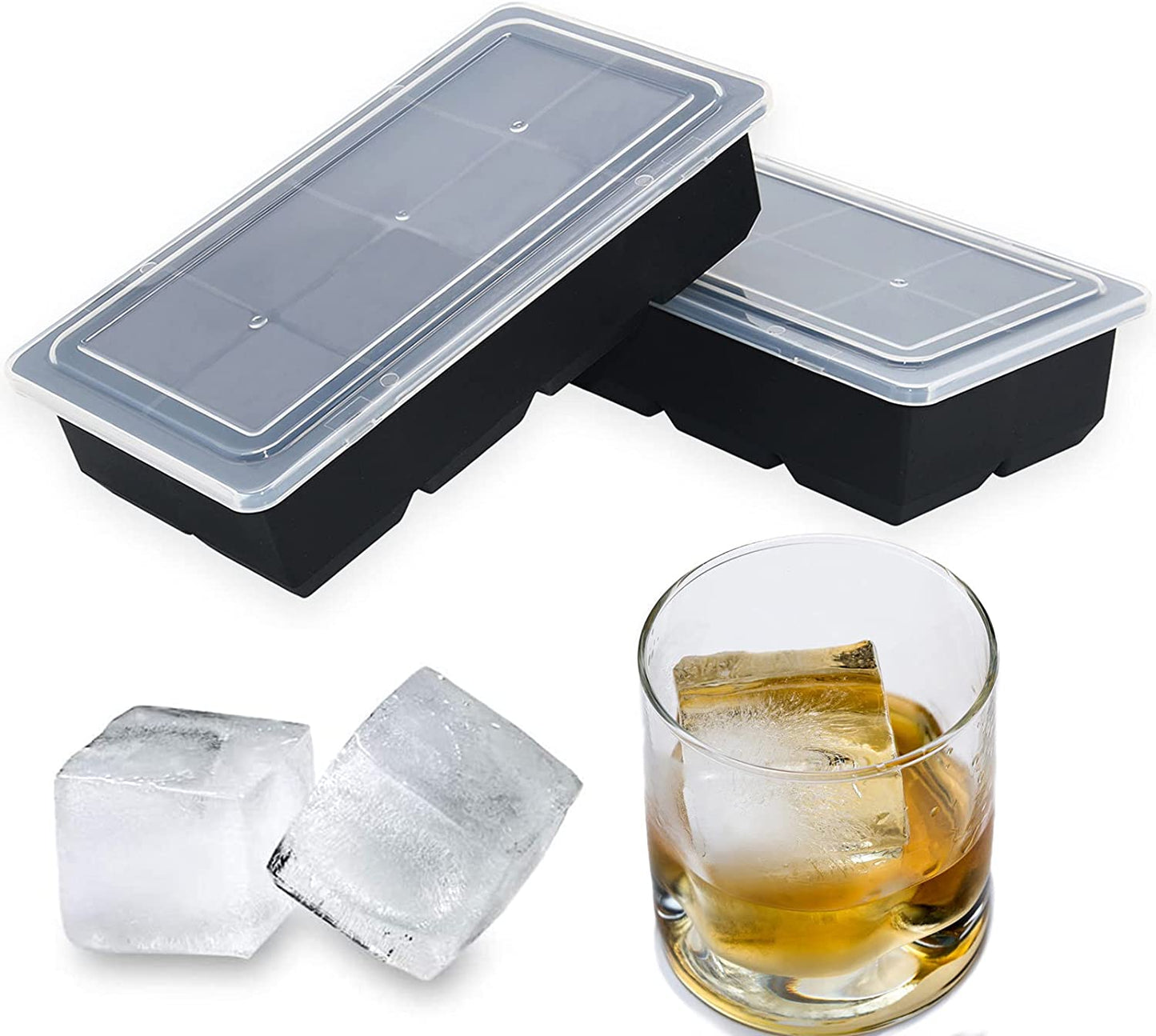 Large Ice Cube Trays with Lids 2 Pack,Silicone Ice Trays for Freezer,Easy Release Silicone Ice Cube Tray,8 Big Square Ice Cubes per Tray Ideal for Cocktails,Whiskey,Soups and Frozen Treats
