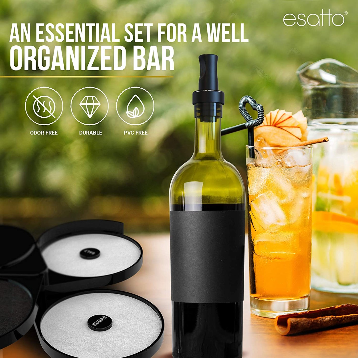 Professional Home Bar Accessories, Equipment and Supplies for Bartender Gifts for Men – Organizing Bar Caddy, Glass Rimmer, and 2 Muddlers for Drink Preparation, 24 Pourers with 24 Dust Caps