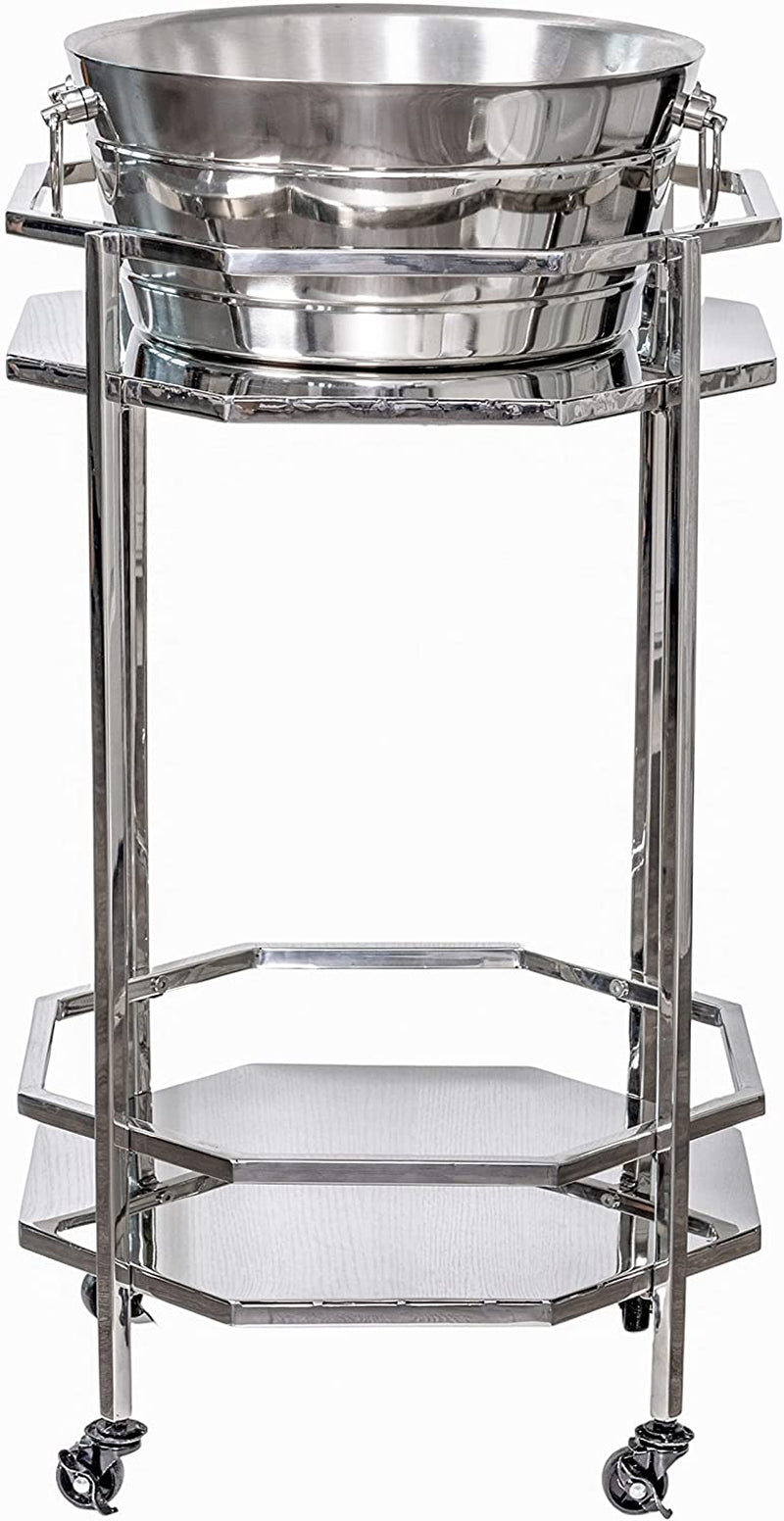 Metal Bar Cart plus Insulated Ice Bucket Combo Set, Double-Walled Insulated Anchored Bolt Drink Tub & Drink Bucket with Double Hinged Handles, Metal Beverage Tub with Stand & Wheels, Silver