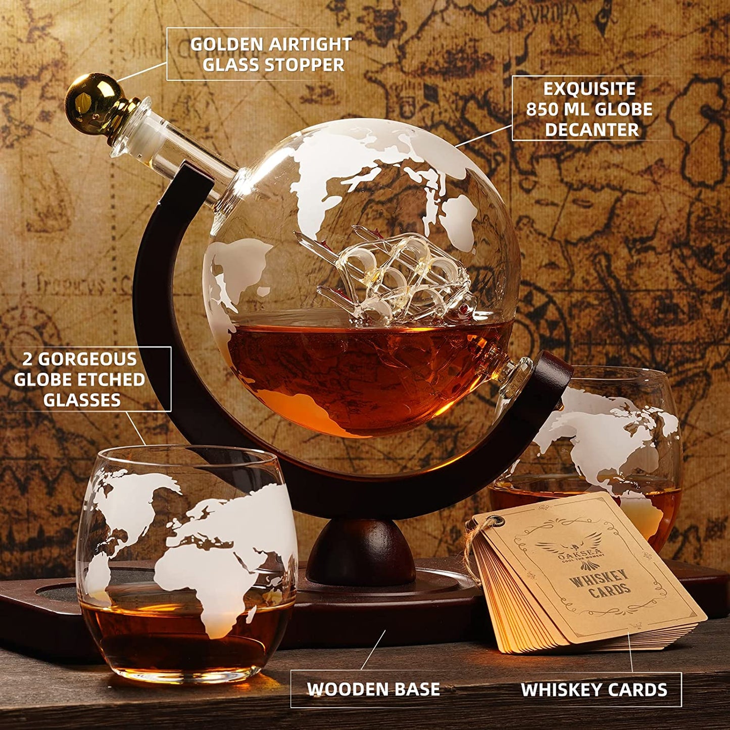 Gifts for Men Dad, Unique Valentines Day Anniversary Birthday Gift for Him Husband Boyfriend Groomsmen, Globe Decanter Set with 2 Glasses, Wedding Bourbon Liquor Scotch Cool Stuff Presents for Her