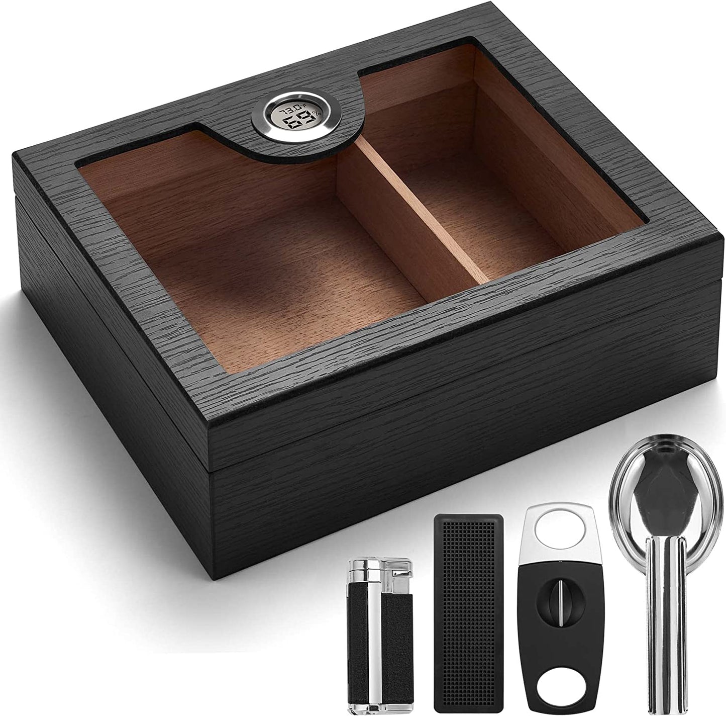 Cigar Humidor Box with Lighter and Cutter, Digital Hygrometer, Crystal Beads Humidifier, Ashtray, Spanish Cedar Lining and Divider for 25 Cigars, Cigar Accessories Gifts for Men