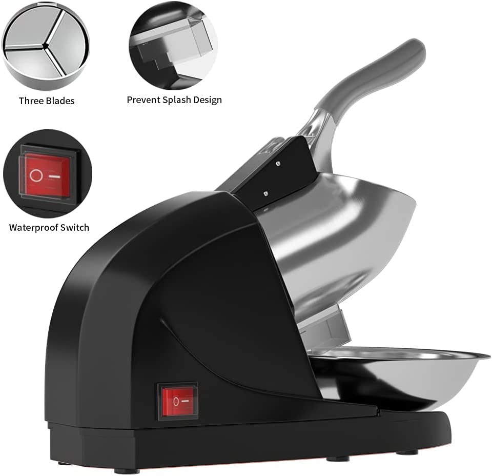 Ice Shaver Prevent Splash Electric Three Blades Snow Cone Maker Stainless Steel Shaved Ice Machine 380W 220Lbs/Hr Home and Commercial Ice Crushers (Black)