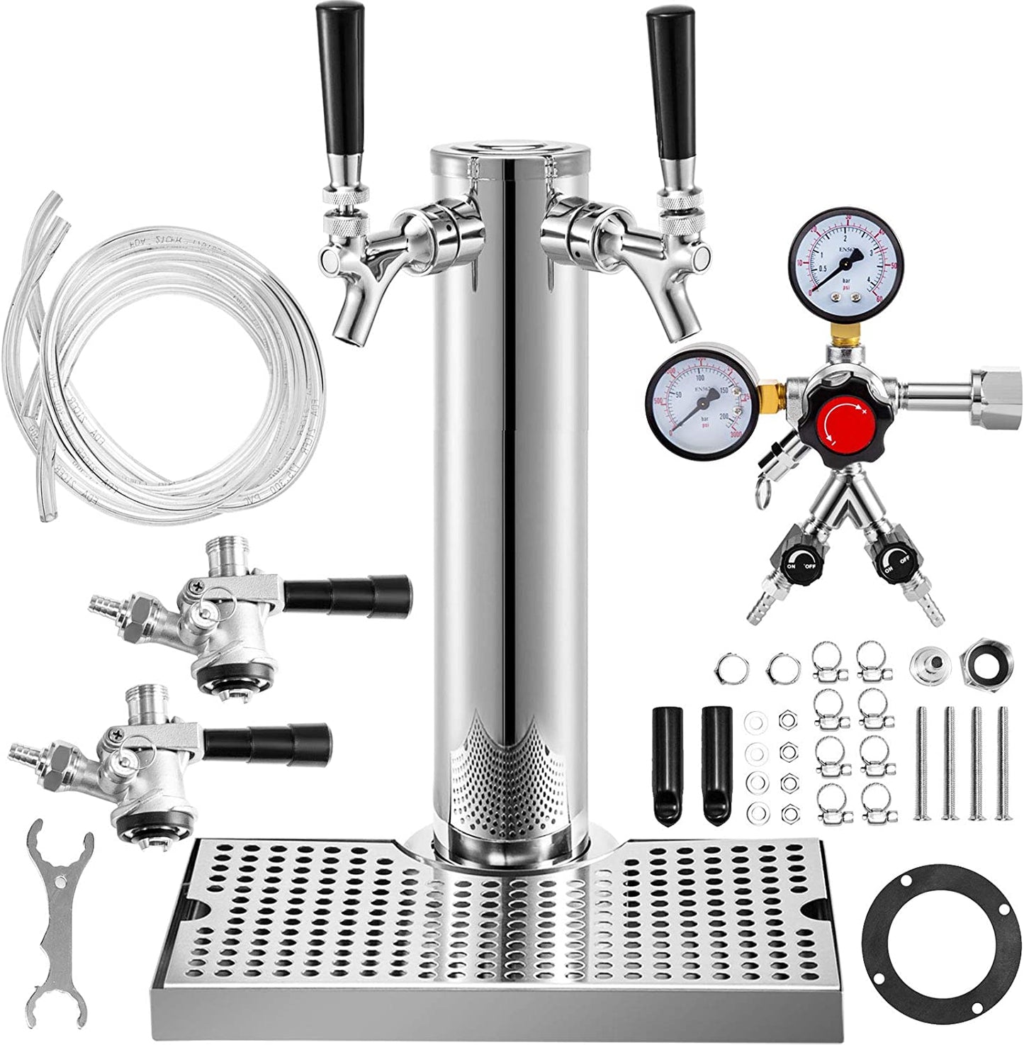 Kegerator Tower Kit, Double Tap Beer Conversion Kit, No Tank Keg Conversion Kit, Stainless Steel Keg Tower, Deluxe Kegarator Beer Conversion with Dual Gauge Regulator & D-System Keg Coupler