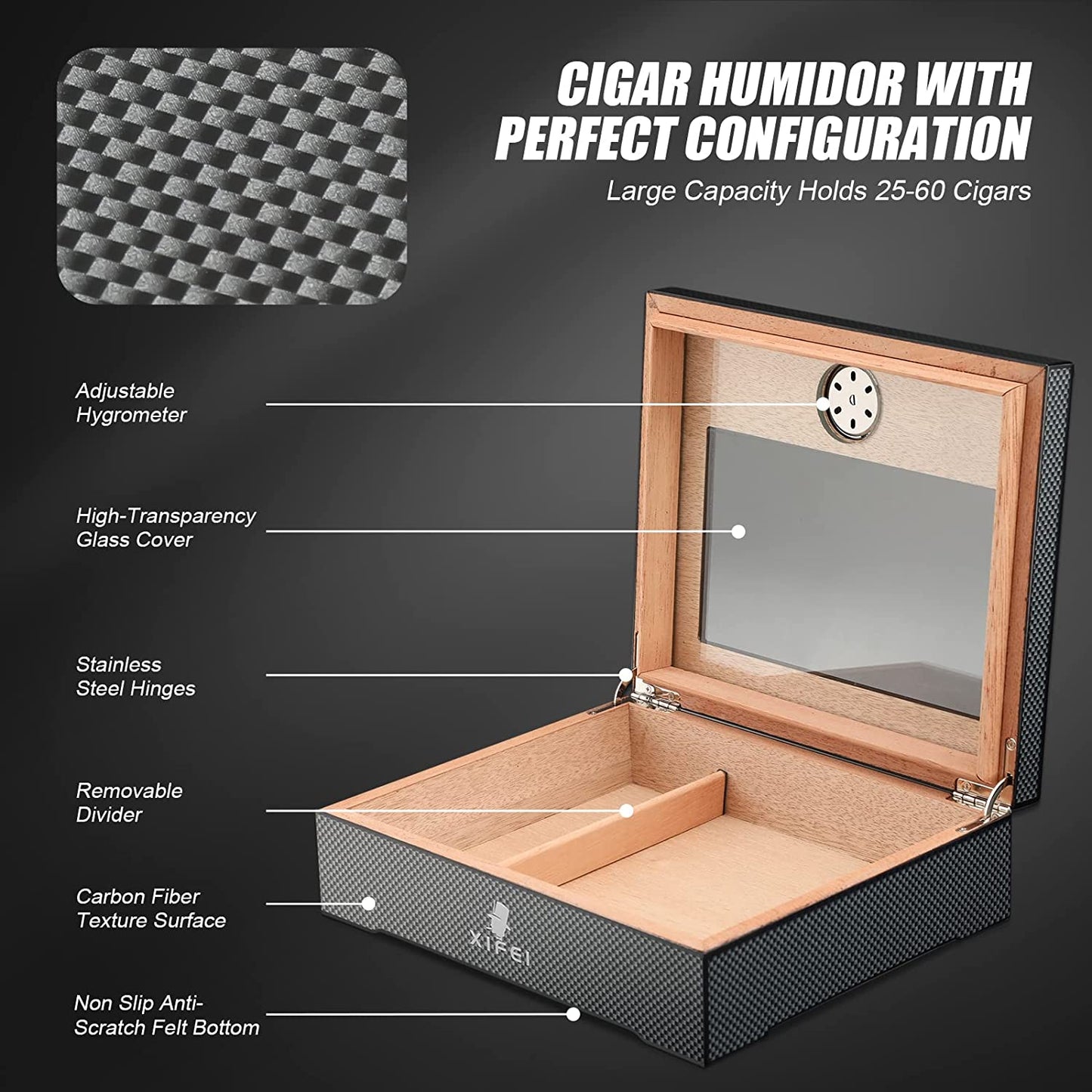 Cigar Humidor, Glass Top Carbon Fiber Texture Top Inlay Hygrometer,Including Cigar Humidifier, Acrylic Cigar Stand,Cigar Ashtray and Humidor Solution, Holds 25-60 Cigars (9IN*7.5 * 2.8)