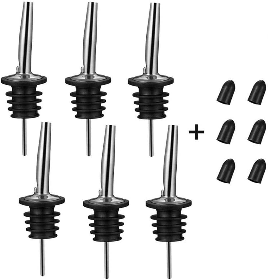 6PCS Stainless Steel Pourers, Speed Pourer, Liquor Bottle Pourers and Vinegar Tapered Stopper Spout, Liquor Pourers with Rubber Dust Caps