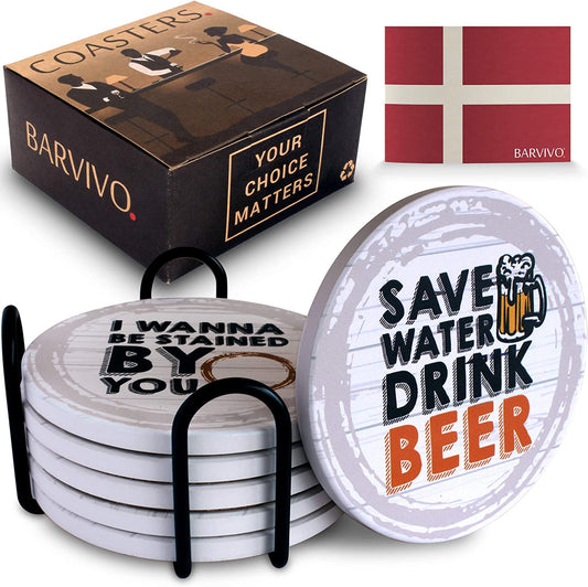 Funny Coasters for Drinks Absorbent with Coaster Holder - 6 Pcs Ceramic Coasters for Coffee Table, Durable Drink Coasters for Tabletop Protection, anti Slip, Suitable for Drink & Table Types