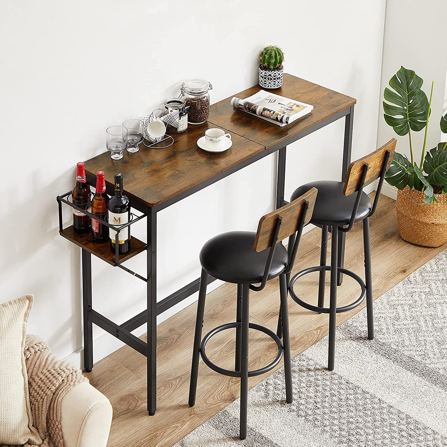 3-Piece Bar Table Set for 2, Small 2-Tier round Bistro Pub Dining Table & PU Upholstered Stools with Backrest, Counter Height Table and Chairs Set for Kitchen Small Space, Rustic Brown