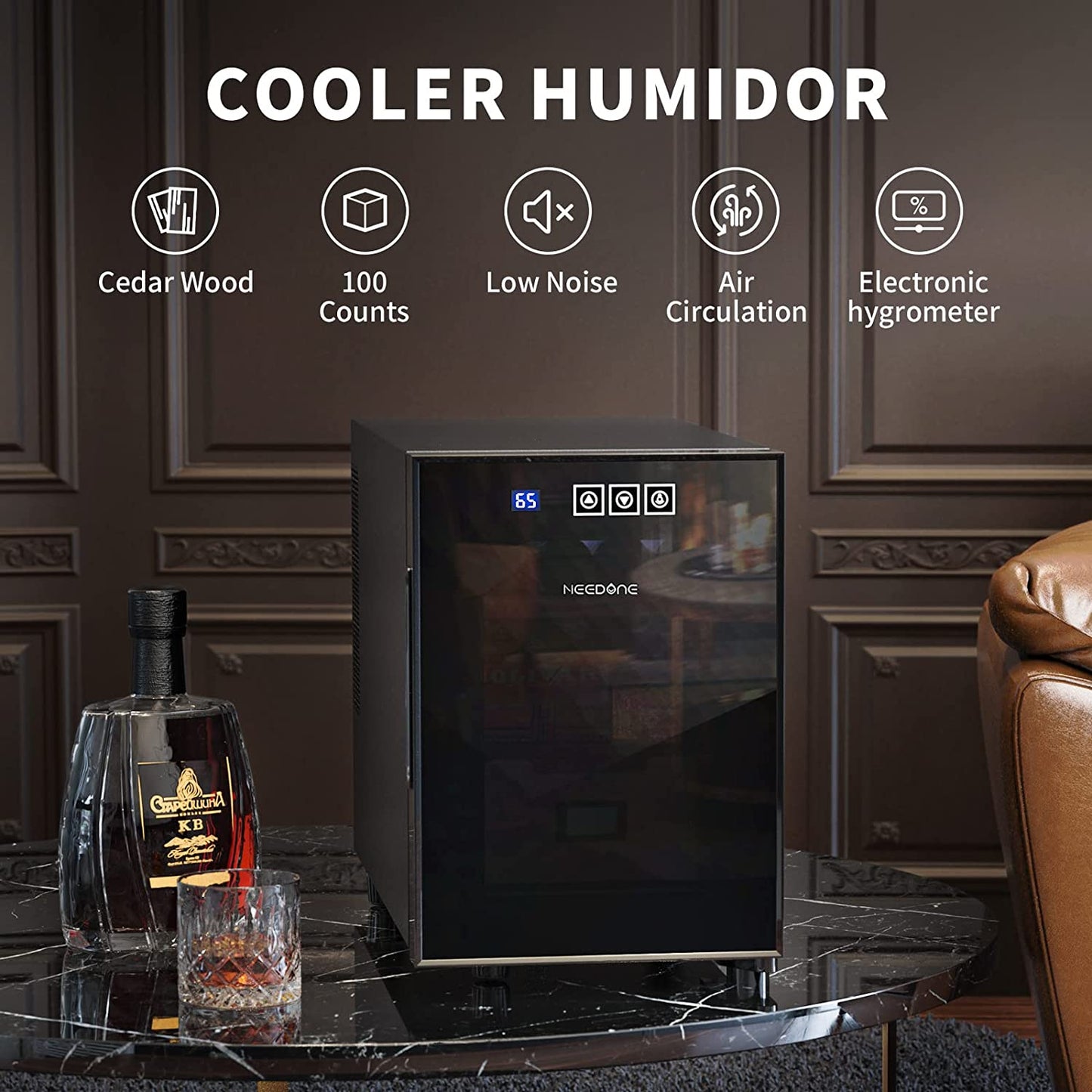 Humidor 16L, Electric Cooler Humidors for 100 Counts, Electronic Cabinet with Cooling Control, Spanish Cedar Wood Drawer Shelves, Digital Hygrometer Displays, Gift for Men