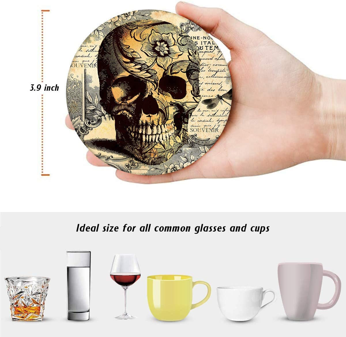 Set of 6 Coaster for Drinks Absorbent with Cork Base, Metal Holder, round Wooden Stone Drink Mat for Coffee Wood Table, Gift for Birthday, Farmhouse Housewarming Room Bar Decor Retro Skull