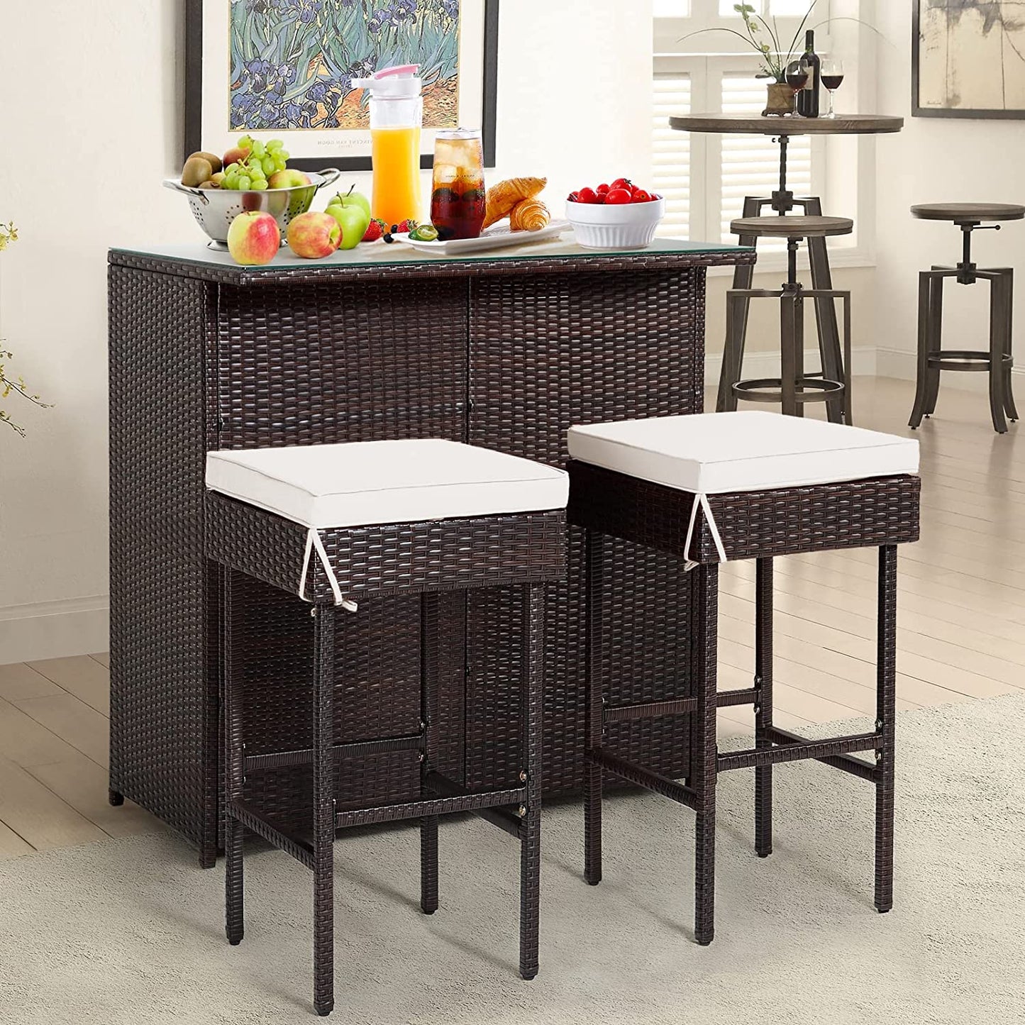 RELAX4FLIE 3-Piece Outdoor Bar Set, Patio Wicker Bar Height Table and Chairs Set with Cushioned Stools 2 Open Shelves & Glass Table Top, Rattan Bar Table Set for Poolside, Garden and Backyard (Beige)