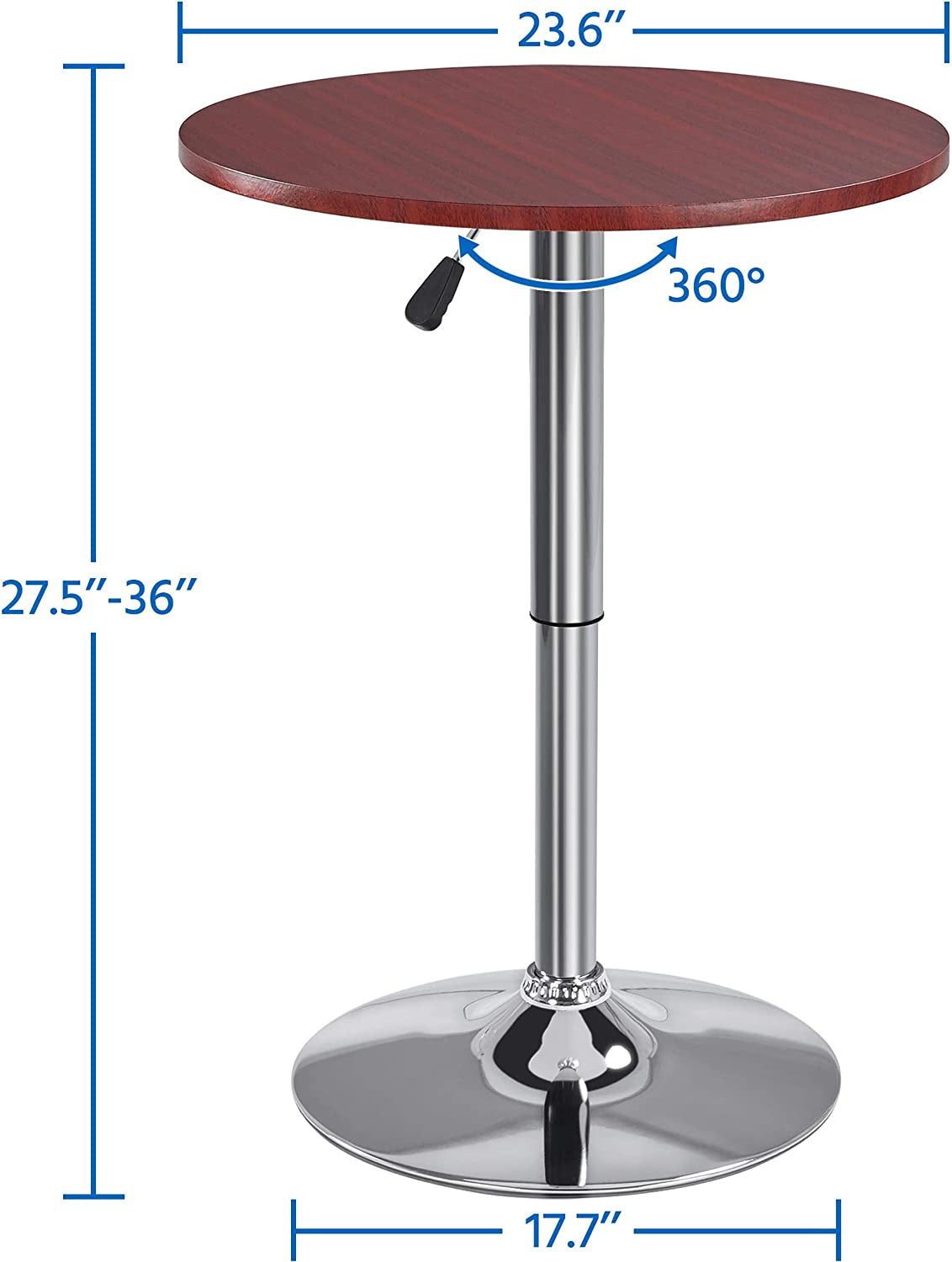 round Pub Bar Table High Top Table Cocktail Table MDF Top with Silver Leg Base 27.4-35.8 Inch Adjustable 88 Lb Capacity, Mahogany Color