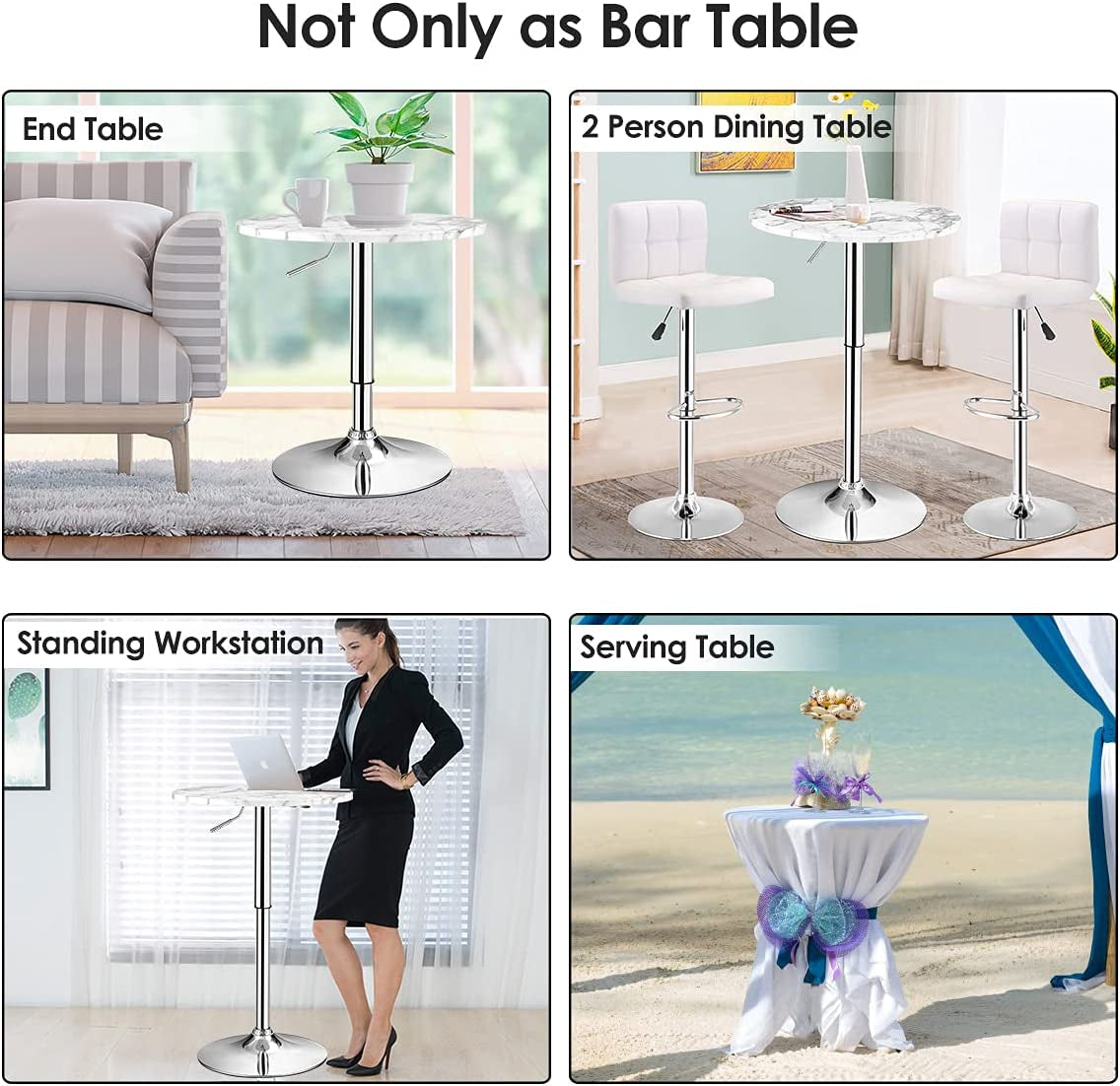 round Pub Table Height Adjustable, 360° Swivel Cocktail Pub Table with Sliver Leg and Base for Home, Office Bar Table (White) (1)