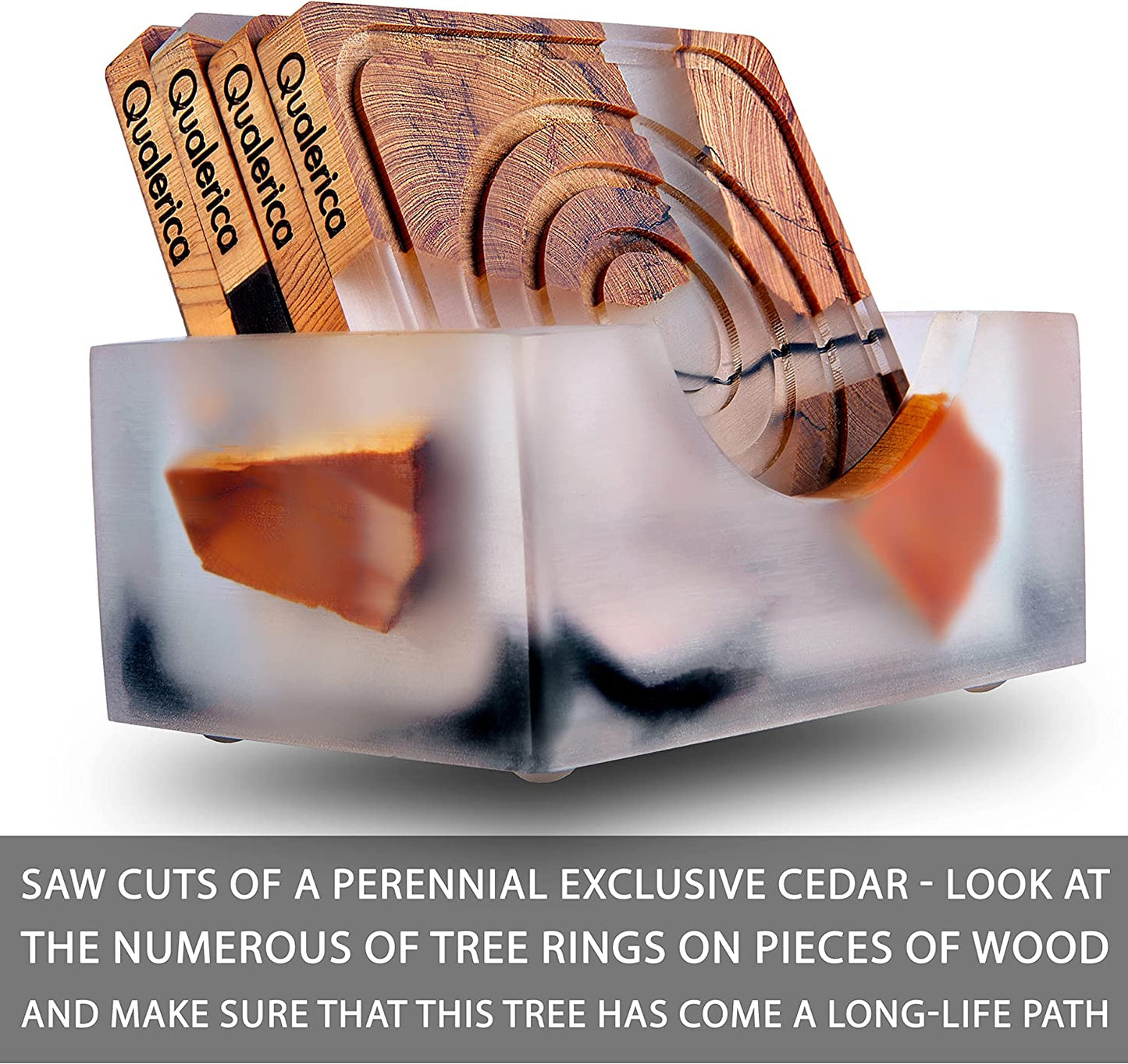 Qualerica Wooden Coasters Set, Epoxy Coasters, Wooden Coasters with Grooves, Modern Coasters with Holder, Cedar Wood Coaster, Set of 4 Coasters with Holder (4, Add Holder)