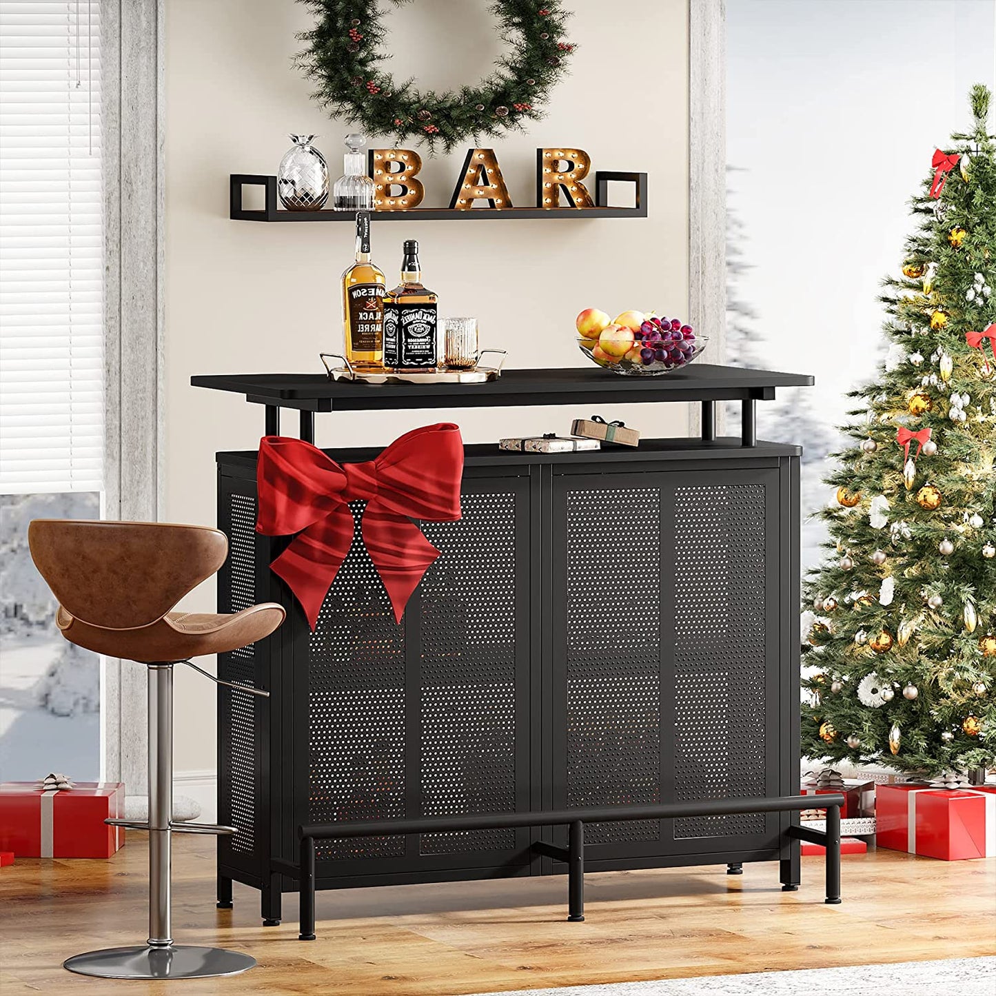 Home Bar Unit, 3 Tier Liquor Bar Table with Stemware Racks and Wine Storage Shelves, Wine Bar Cabinet Mini Bar for Home Kitchen Pub (Black)