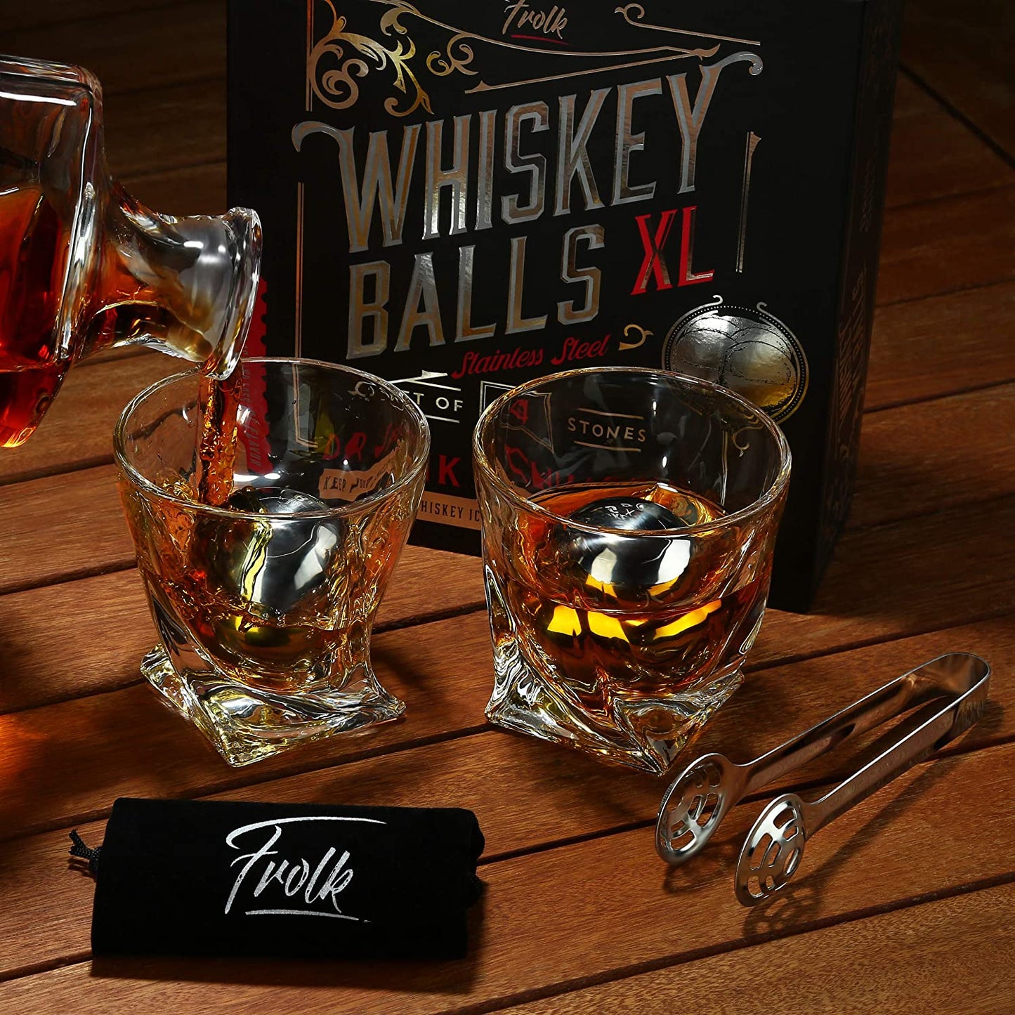 Gifts for Men Dad Husband Christmas- 4 XL Stainless Steel Whisky Ice Balls, Special Tongs & Freezer Pouch in Luxury Gift Box for Whiskey Lovers!