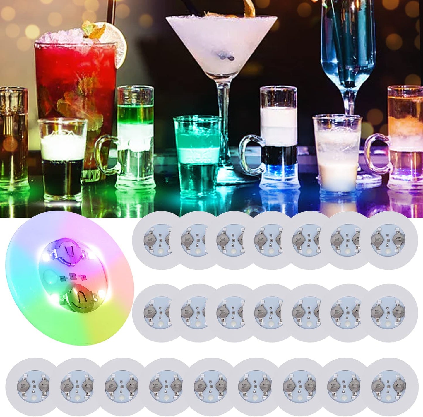 LOGUIDE LED Coaster,Light up Coasters,Led Bottle Lights, Bottle Glorifier,Led Sticker Coaster Discs Light up for Drinks,Flash Light up Cup Coaster Flashing Shots Light (Cool-White)
