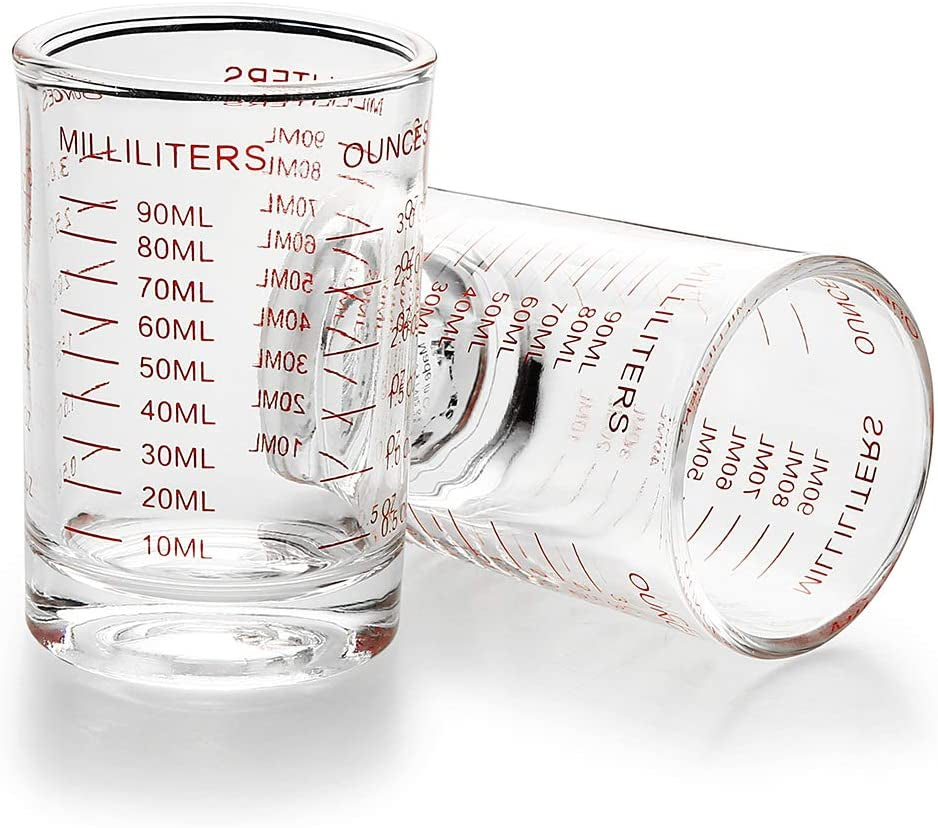 2 PACK Measuring Cup Shot Glass 3 Ounce/90Ml Liquid Heavy Glass Red Scale
