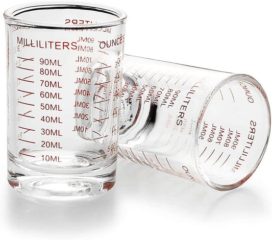 2 PACK Measuring Cup Shot Glass 3 Ounce/90Ml Liquid Heavy Glass Red Scale
