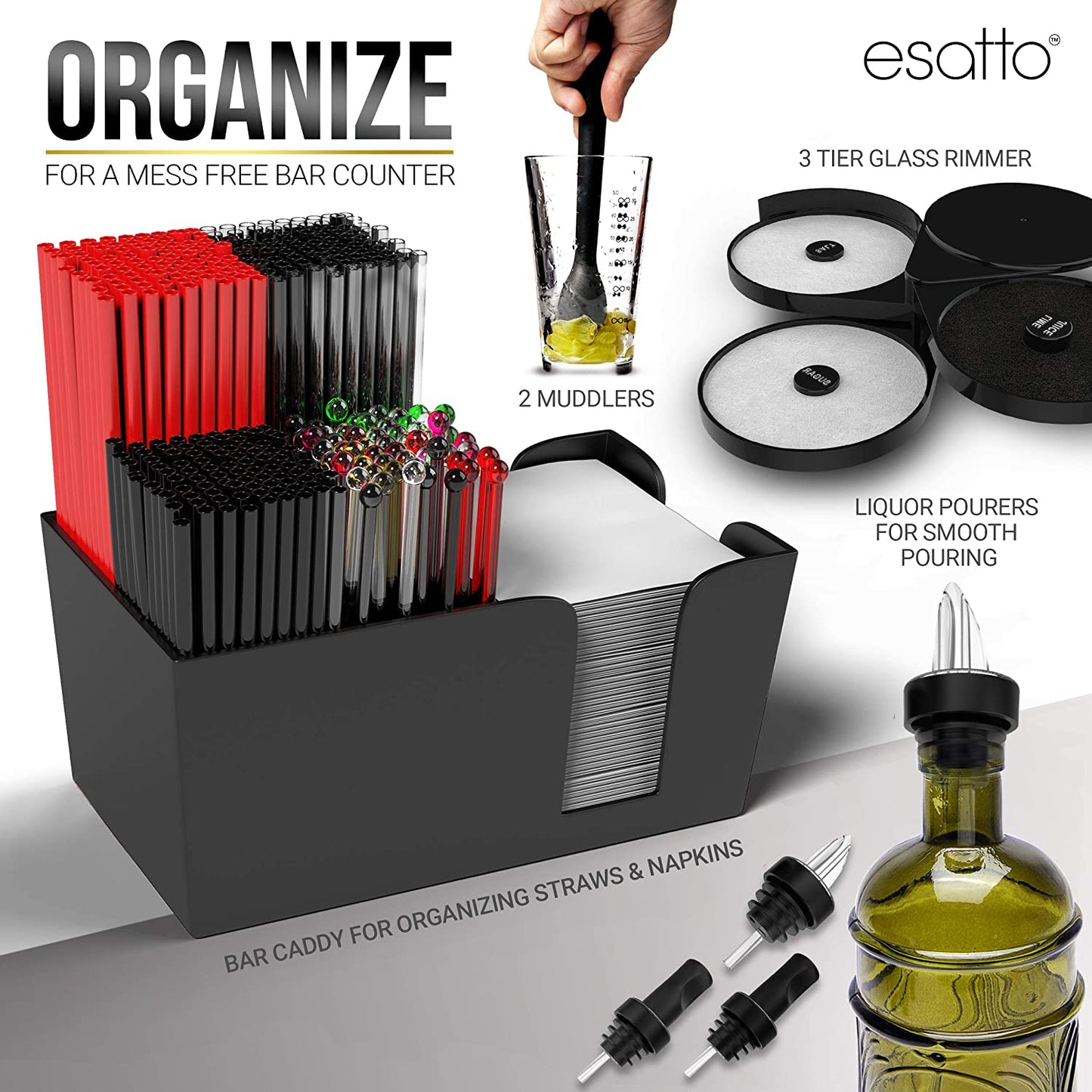Professional Home Bar Accessories, Equipment and Supplies for Bartender Gifts for Men – Organizing Bar Caddy, Glass Rimmer, and 2 Muddlers for Drink Preparation, 24 Pourers with 24 Dust Caps