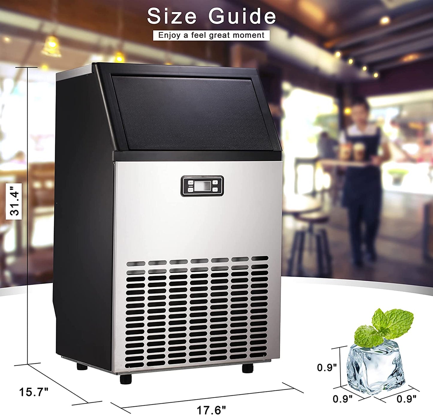 Ice Maker, Commercial Ice Machine,100Lbs/Day, Stainless Steel Ice Machine with 48 Lbs Capacity, Ideal for Restaurant, Bars, Home and Offices, Includes Scoop