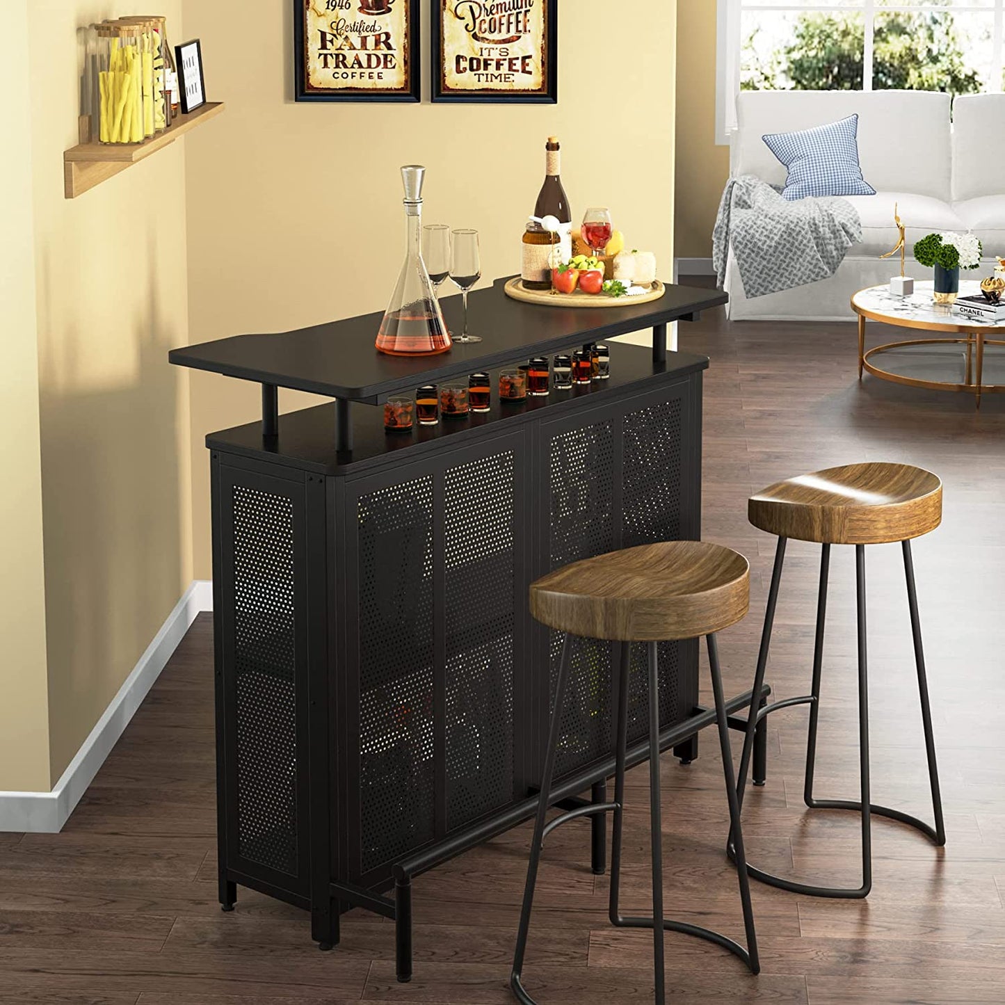 Home Bar Unit, 3 Tier Liquor Bar Table with Stemware Racks and Wine Storage Shelves, Wine Bar Cabinet Mini Bar for Home Kitchen Pub (Black)