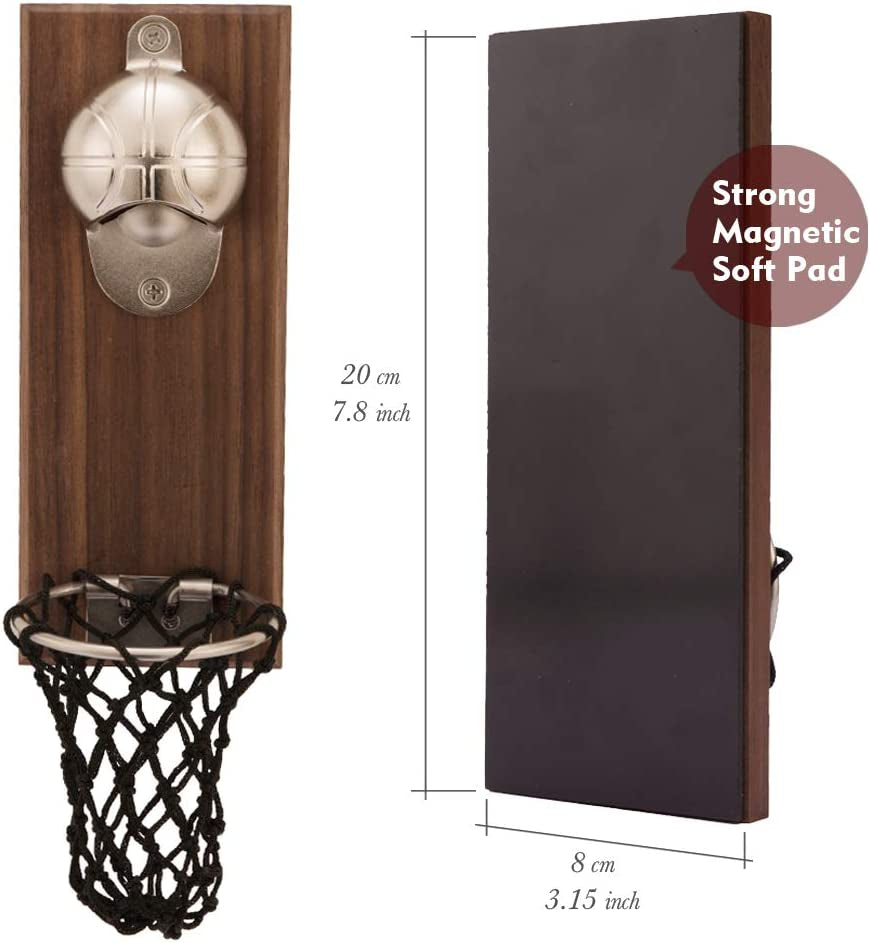 Magnetic Basketball Bottle Opener, Wooden Wall Mounted Opener with Cap Collector Catcher, Ideal Gift for Basketball and Beer Lovers, Use as Kitchen-Yard-Bar Decoration