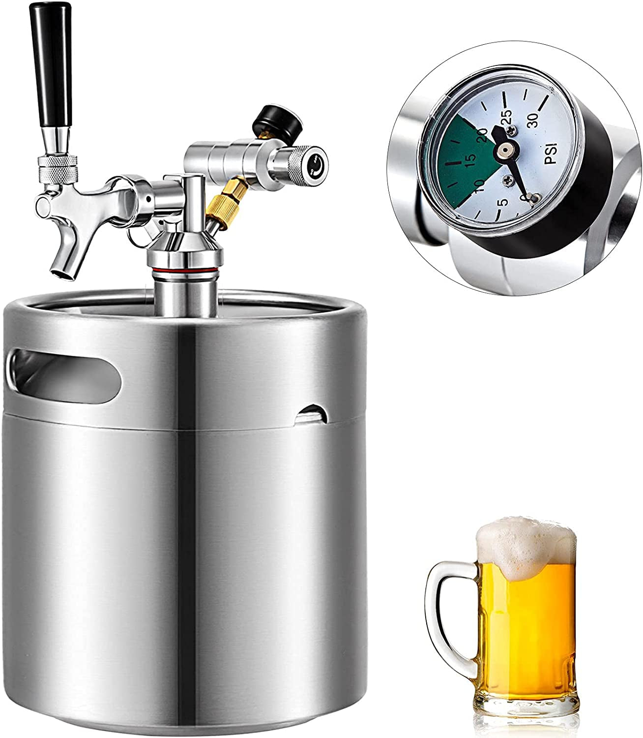 Beer Mini Keg 169 Oz, Mini Keg Growler W/Tap Faucet, Pressurized Growler 304 Stainless Steel Pressurized Beer Growler with Co2 Pressure Regulator, Beer Dispenser Portable Carbonated Growler