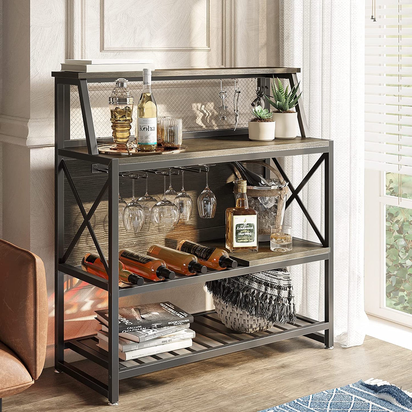 Bar Table with Storage Coffee Bar Cabinets for Liquor and Glasses, Wine Rack Freestanding Floor with Glass Holder for Home Kitchen Dining Room Basement, Gray