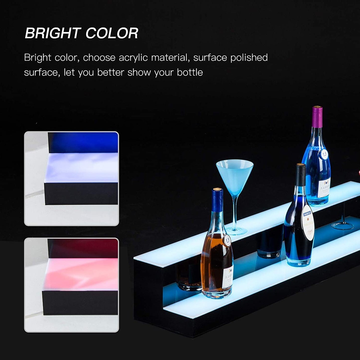 LED Lighted Liquor Bottle Display Shelf, 30 in 2 Step LED Lighted Bar Shelf for Home Commercial Bar Drinks Acrylic Lighting Shelves High Gloss Black Finish with Remote Control
