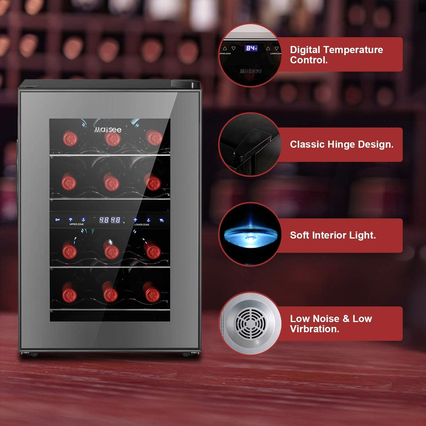 Dual Zone Wine Cooler, 12 Bottles Mini Small Wine Cooler Refrigerator Chiller Fridge 45F-65F for Reds Whites Wine Champagne Sparkling in Home Bar Office Kitchen Bedroom Countertop (12 Bottles)