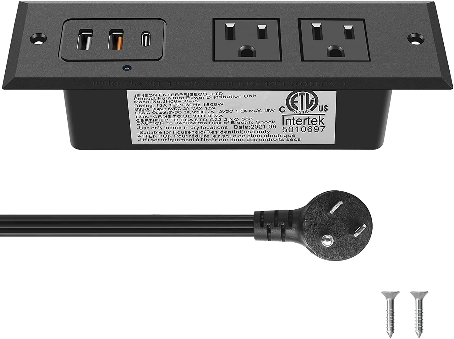 Recessed Power Strip with 20W USB C Port, Fast Charging USB a Port Desk Outlet, Furniture Hidden Charging Station for Side Table, End Table, with 6FT 45 Degree Flat Plug Extension Cord.