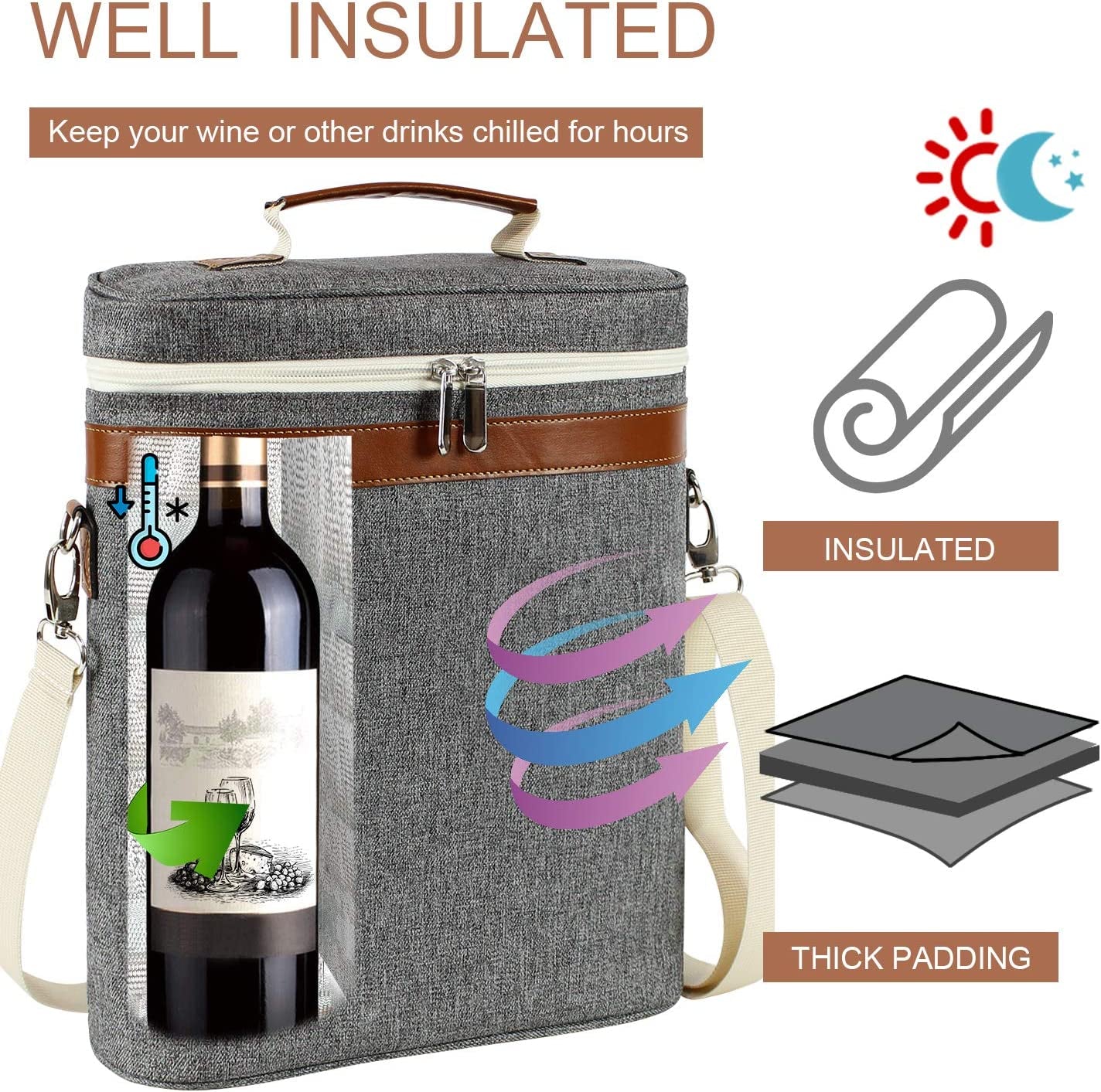 3 Bottle Insulated Wine Tote Cooler Bag, Portable Wine Carrier with Corkscrew Opener and Shoulder Strap for Beach Travel Picnic, Unique Wine Carrier for Wine Lover Gifts Grey
