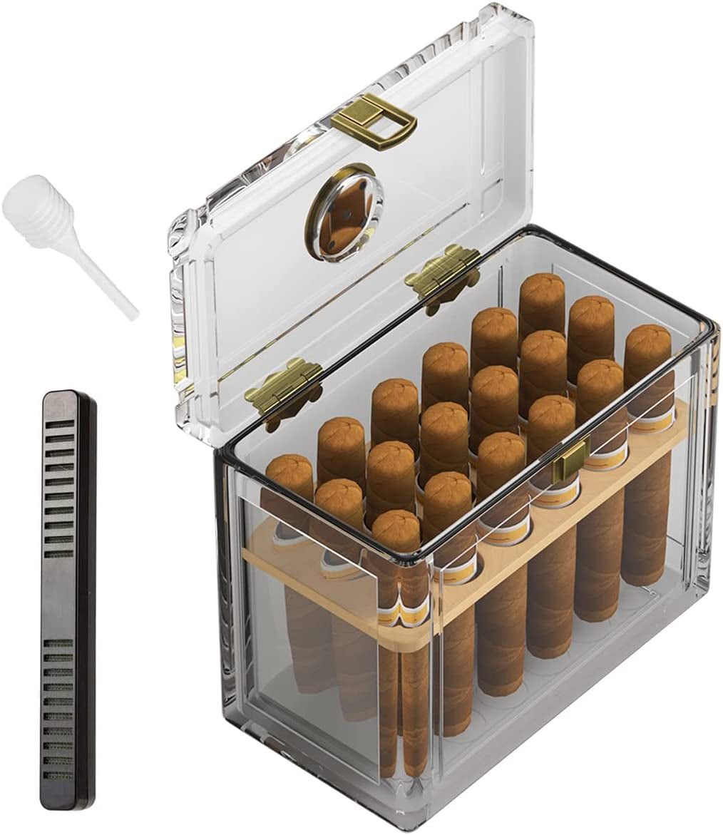 Acrylic Cigar Humidor with Humidifier and Hygrometer, Desktop Cigar Case Box That Can Hold about 15-20 Cigars (S)