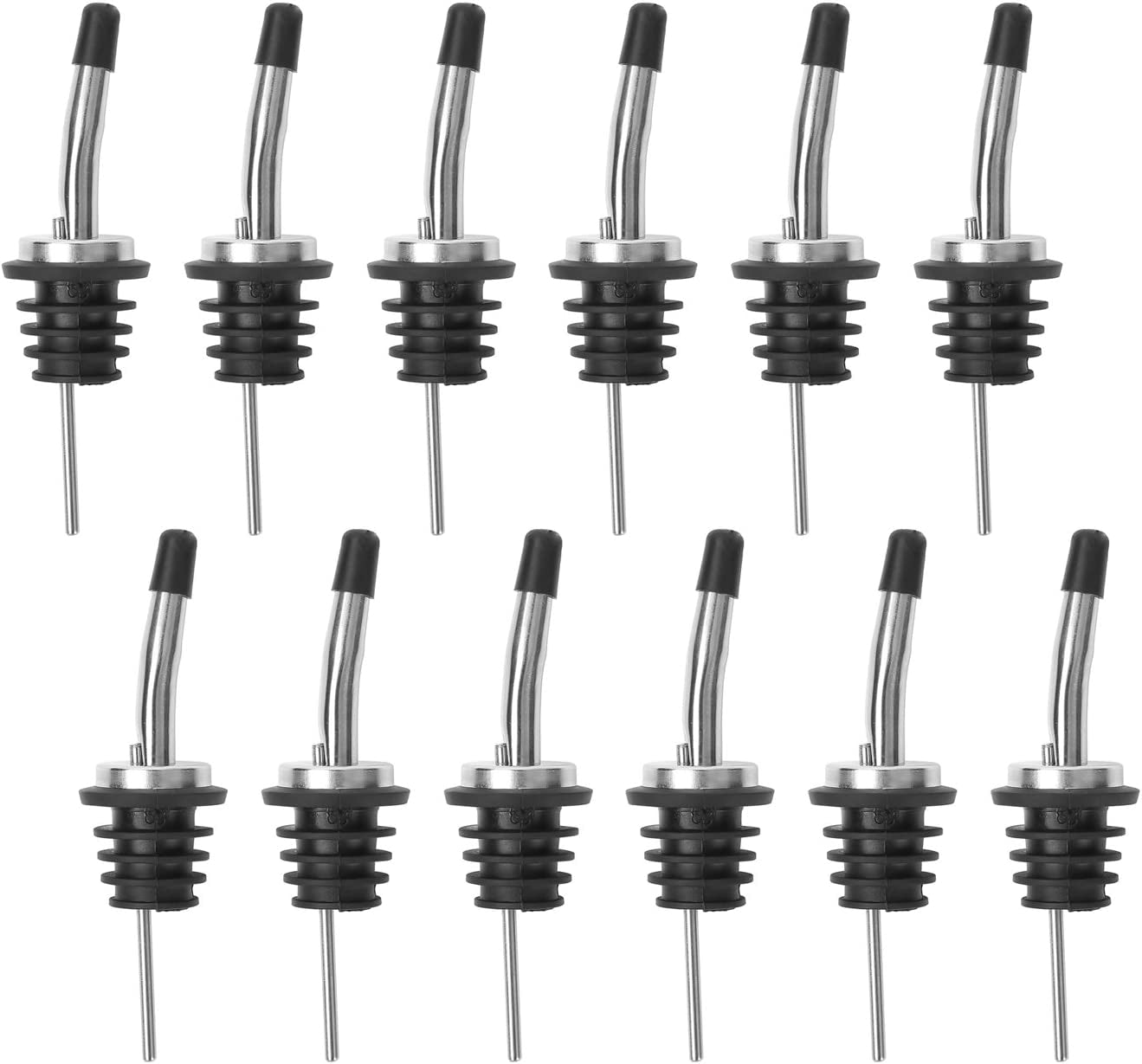 12 Pack Stainless Steel Classic Bottle Pourers Tapered Spout - Liquor Pourers with Rubber Dust Caps