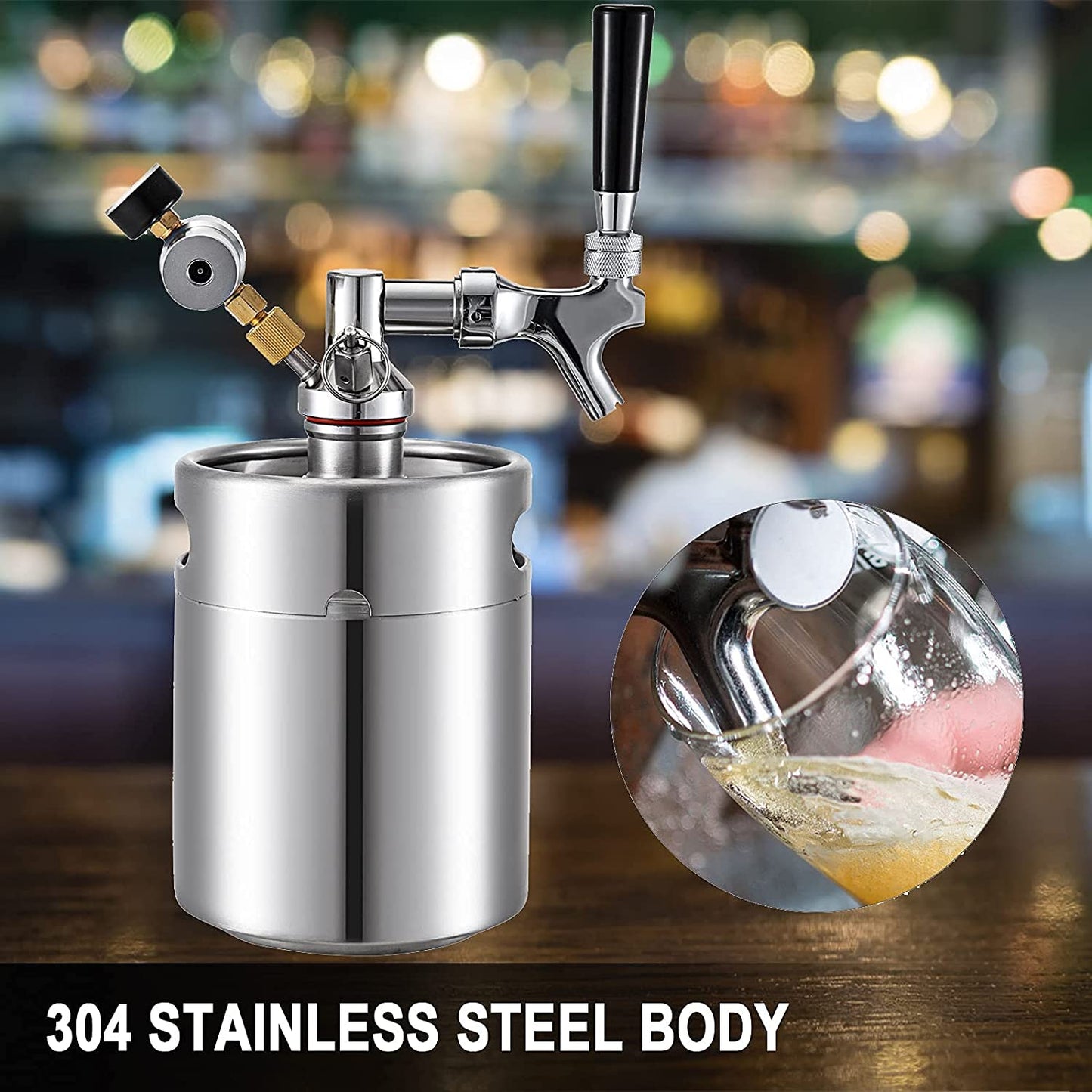 Beer Mini Keg 169 Oz, Mini Keg Growler W/Tap Faucet, Pressurized Growler 304 Stainless Steel Pressurized Beer Growler with Co2 Pressure Regulator, Beer Dispenser Portable Carbonated Growler